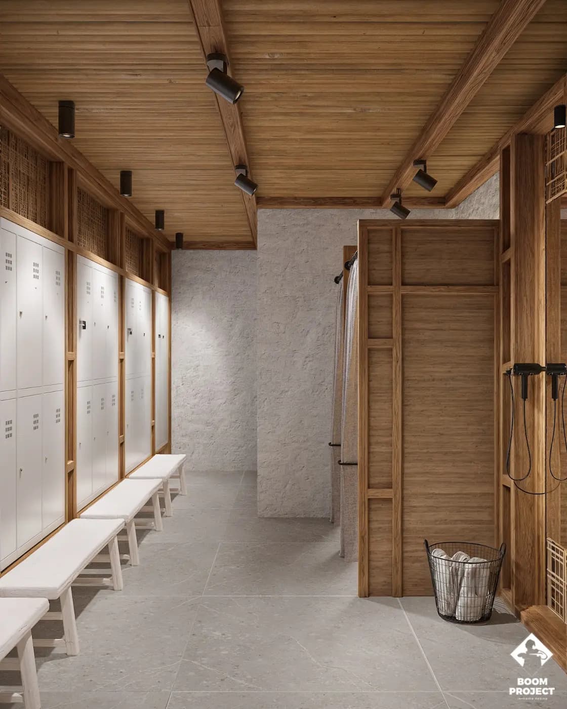 Minimal restroom corridor with stone floor and timber doors