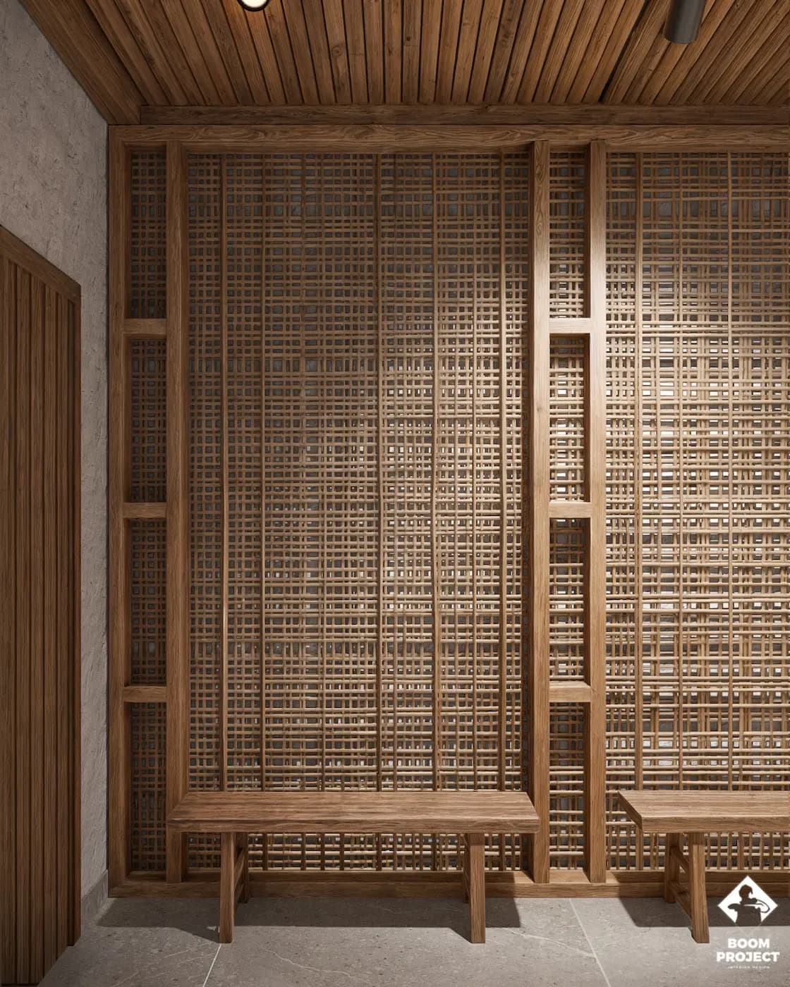 Detailed view of a floor-to-ceiling timber lattice screen