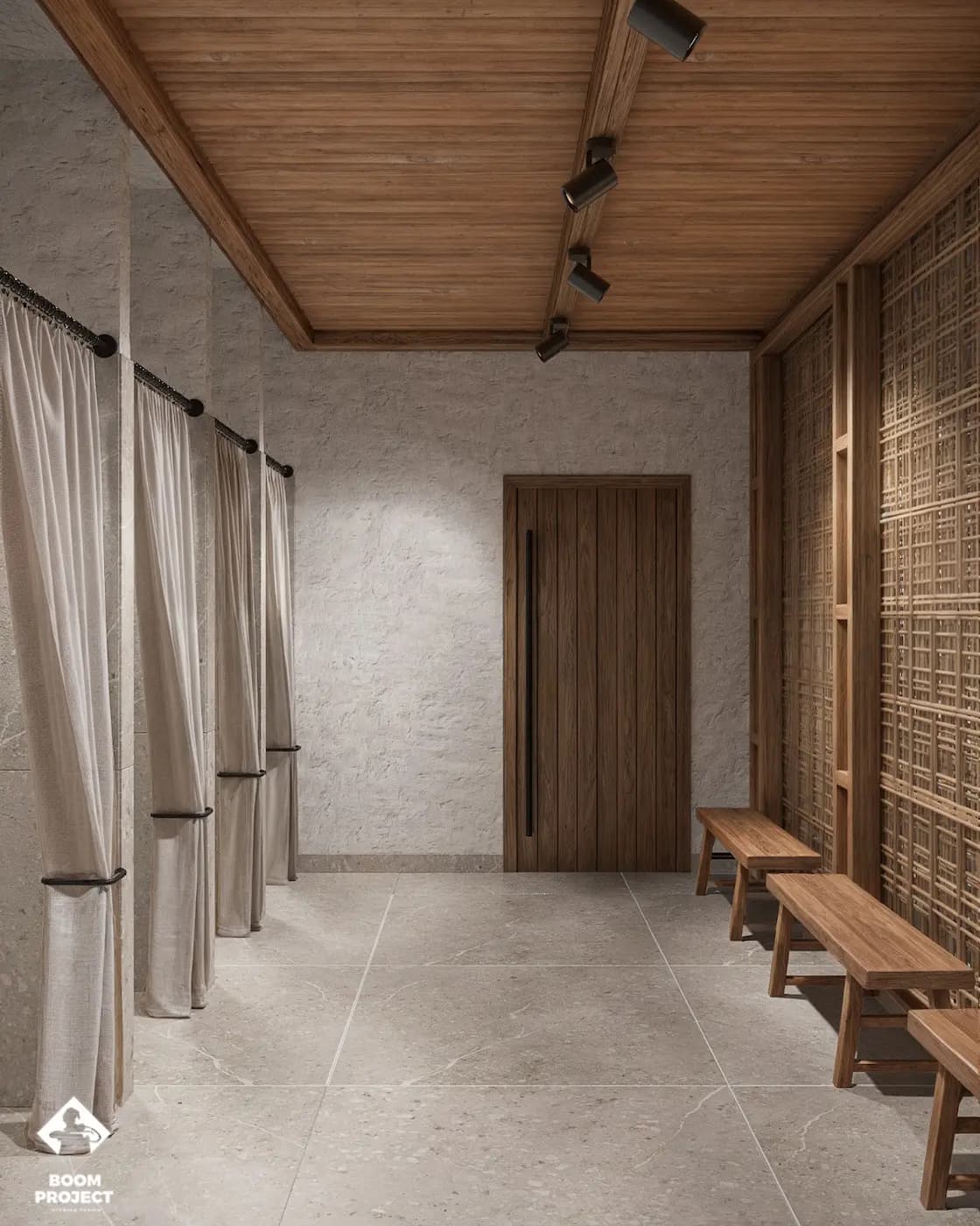 Restroom corridor with textured plaster walls and timber ceiling