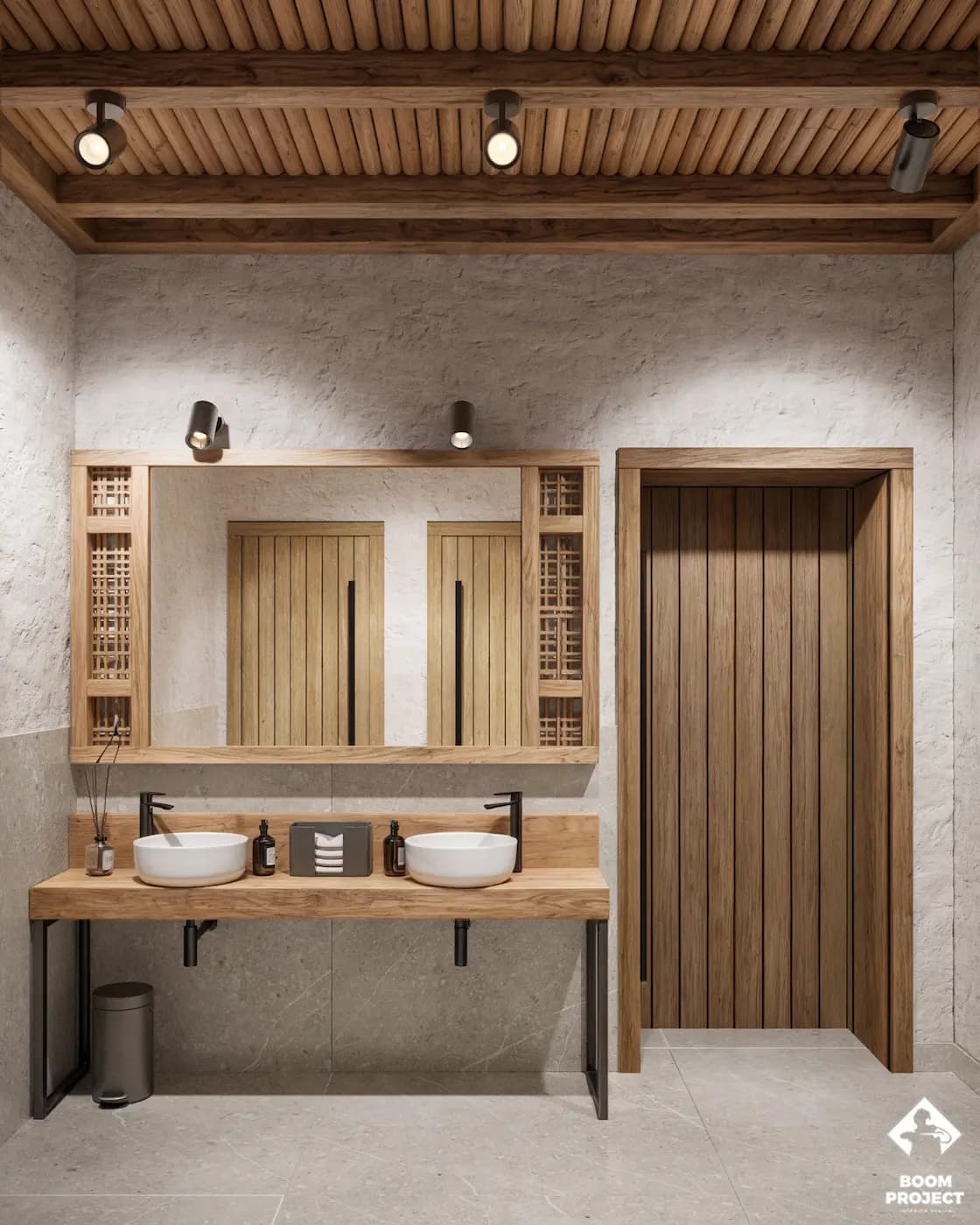 Timber vanity with integrated basins, mirrors and wall lighting
