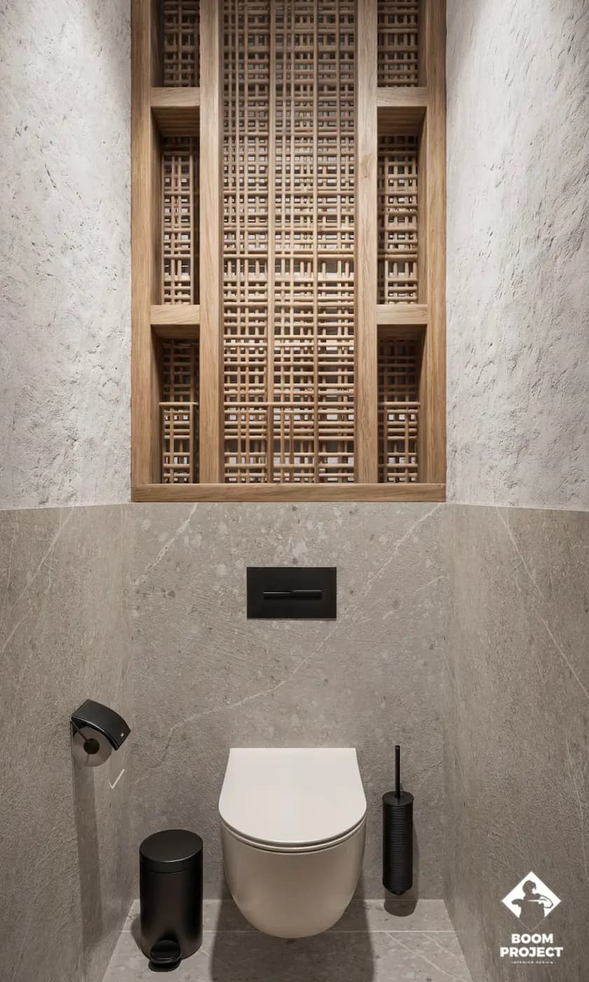 Textured restroom wall with a decorative timber ventilation panel