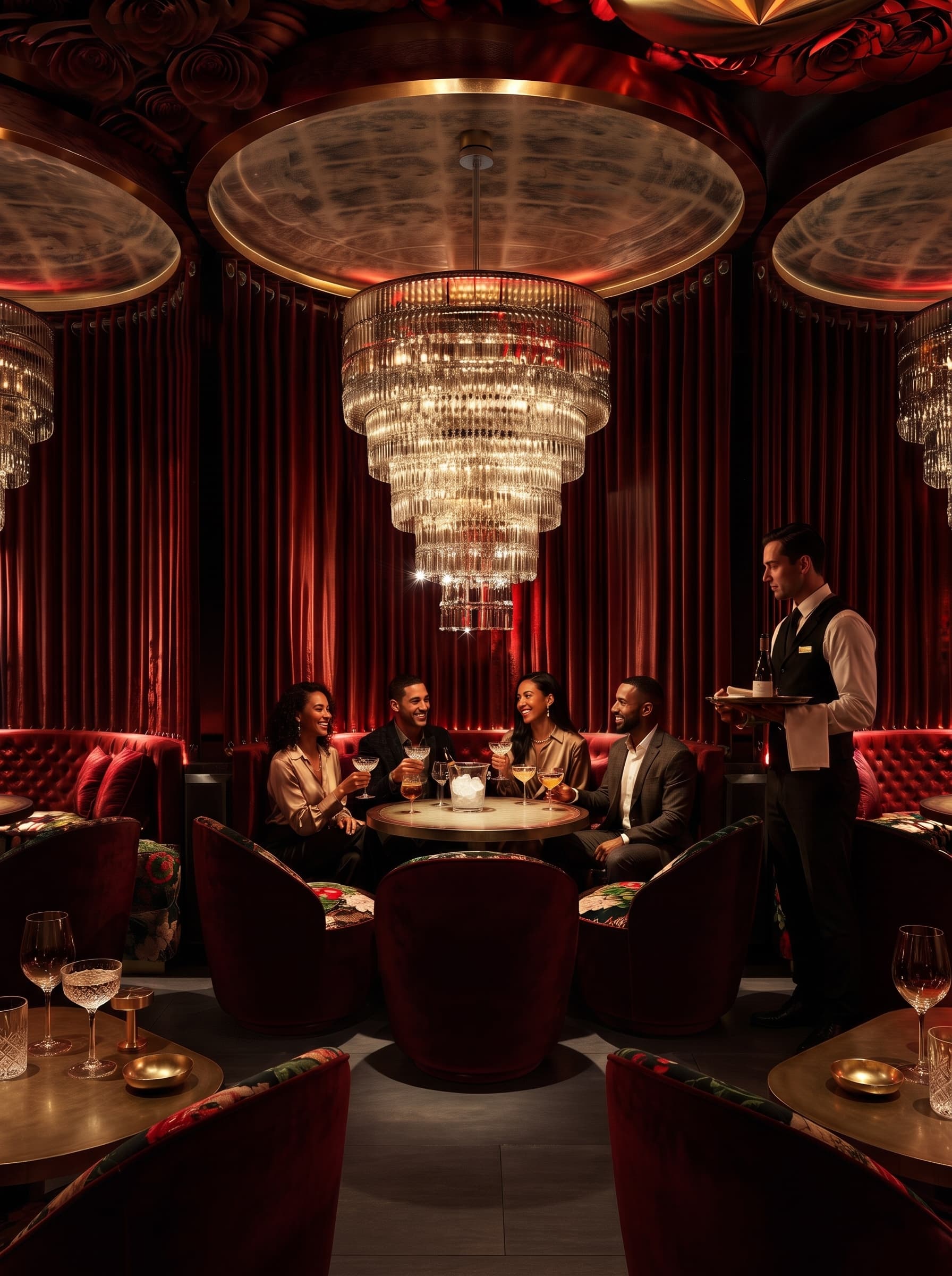 Intimate dining area with crystal chandelier, deep red curtains and dark upholstered furniture