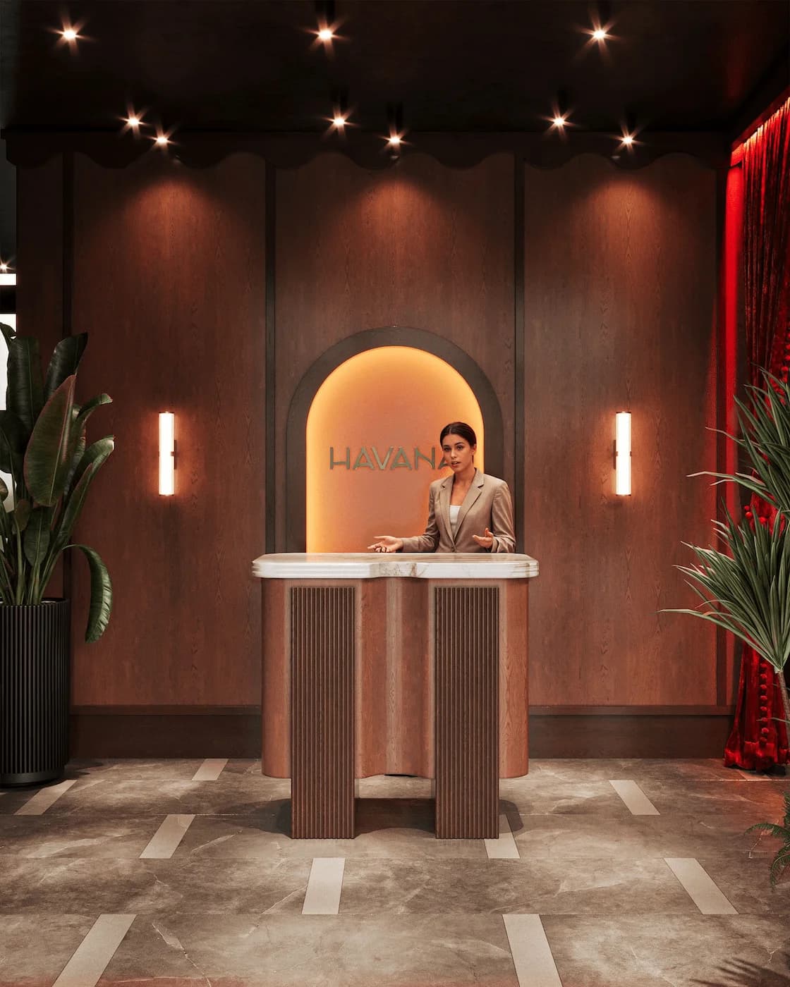 Havana reception desk with illuminated logo, textured wall panels and warm accent lighting