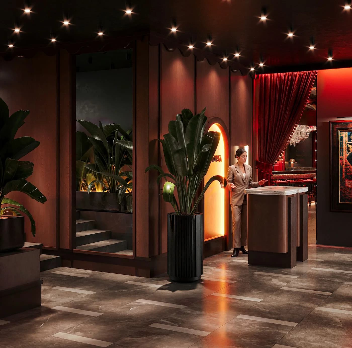 Restaurant entrance with dark architectural finishes, tropical planting and red illuminated details