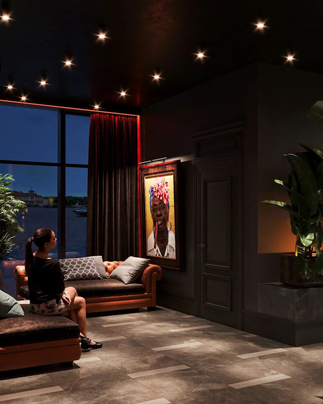 Intimate lounge entrance framed by red curtains, artwork and dark textured walls