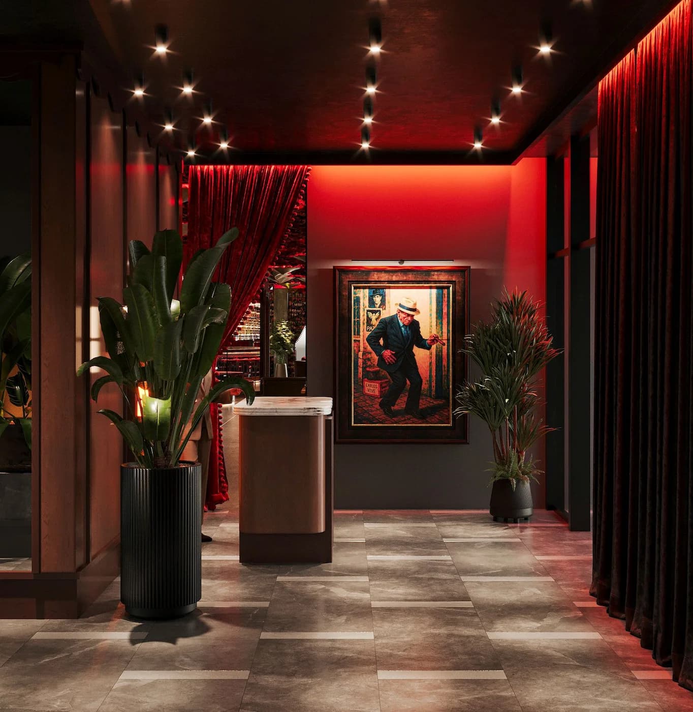 Restaurant reception area with red illuminated ceiling, custom podium and decorative planting