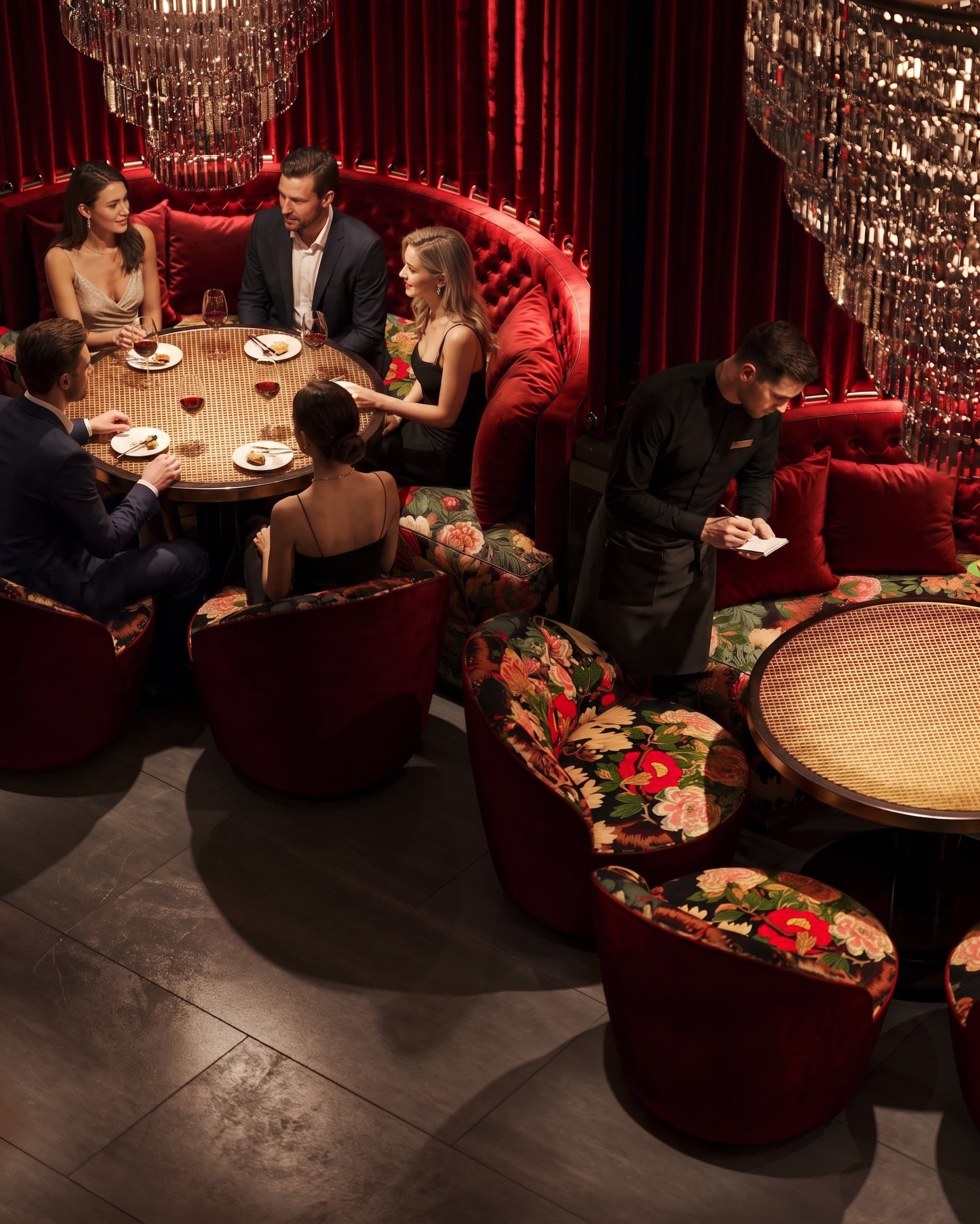 Curved banquette seating with tropical floral upholstery and dramatic decorative lighting