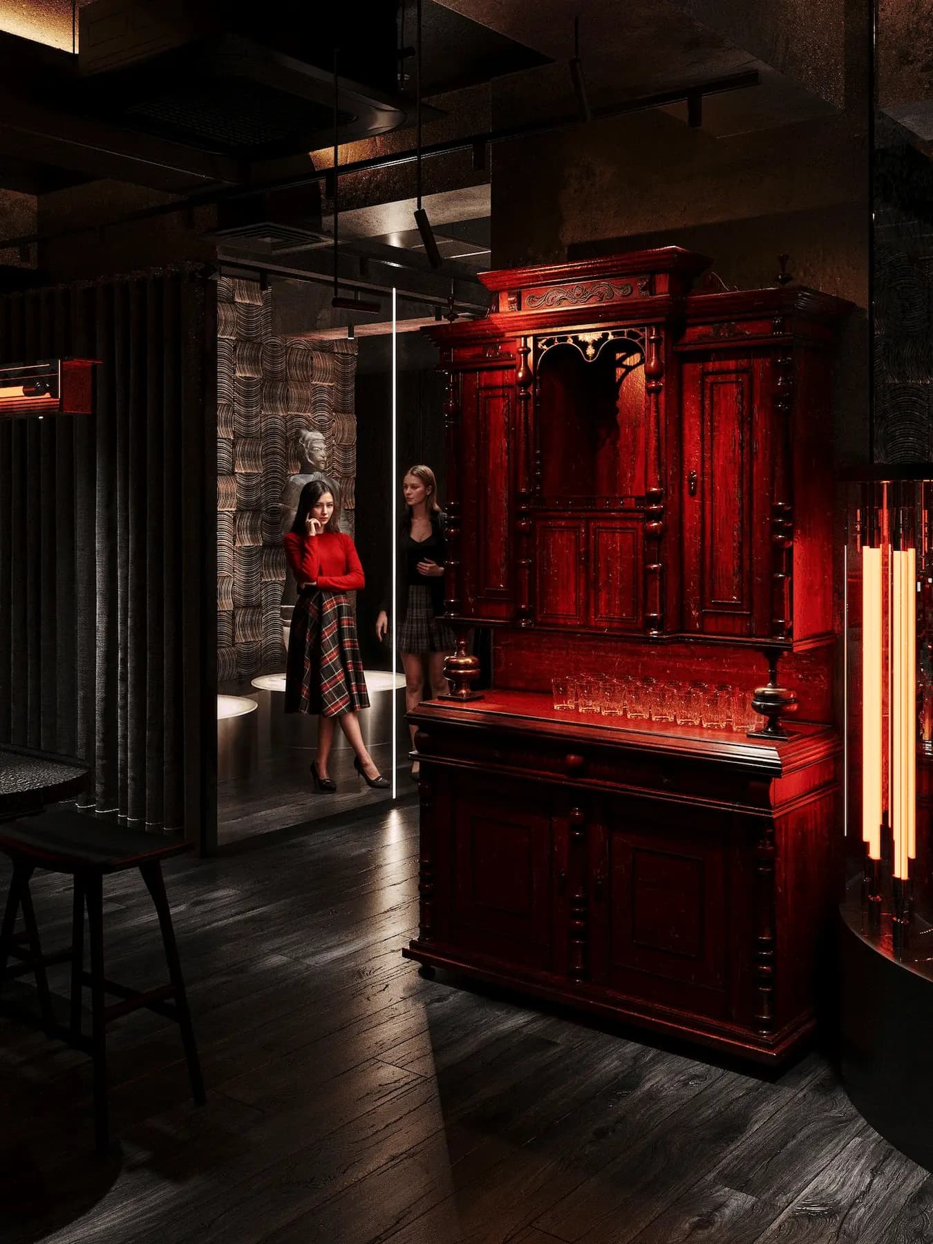 Premium hookah lounge entrance with sculptural Japanese-inspired architecture