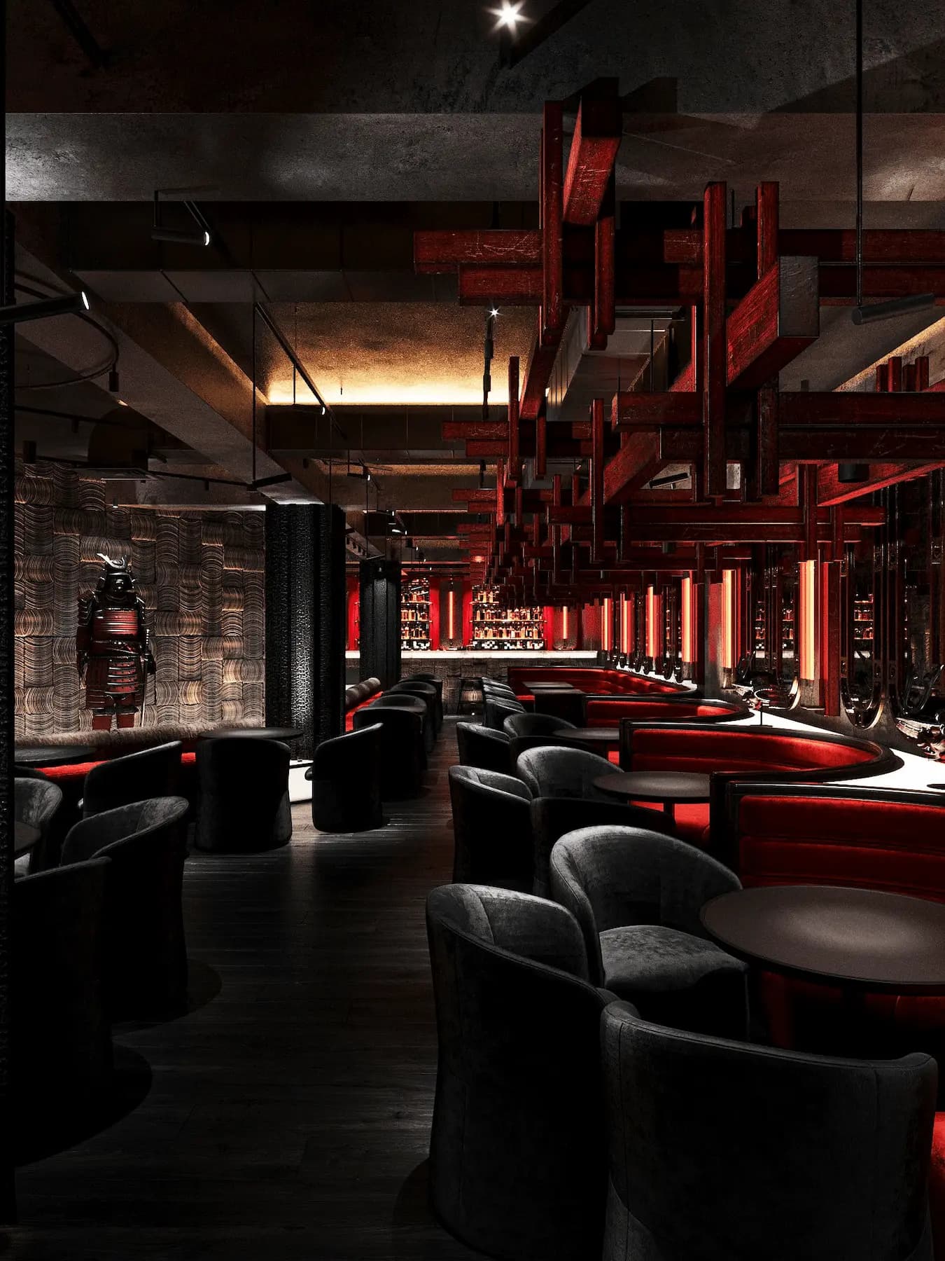 Contemporary restaurant interior with custom lounge furniture and atmospheric lighting