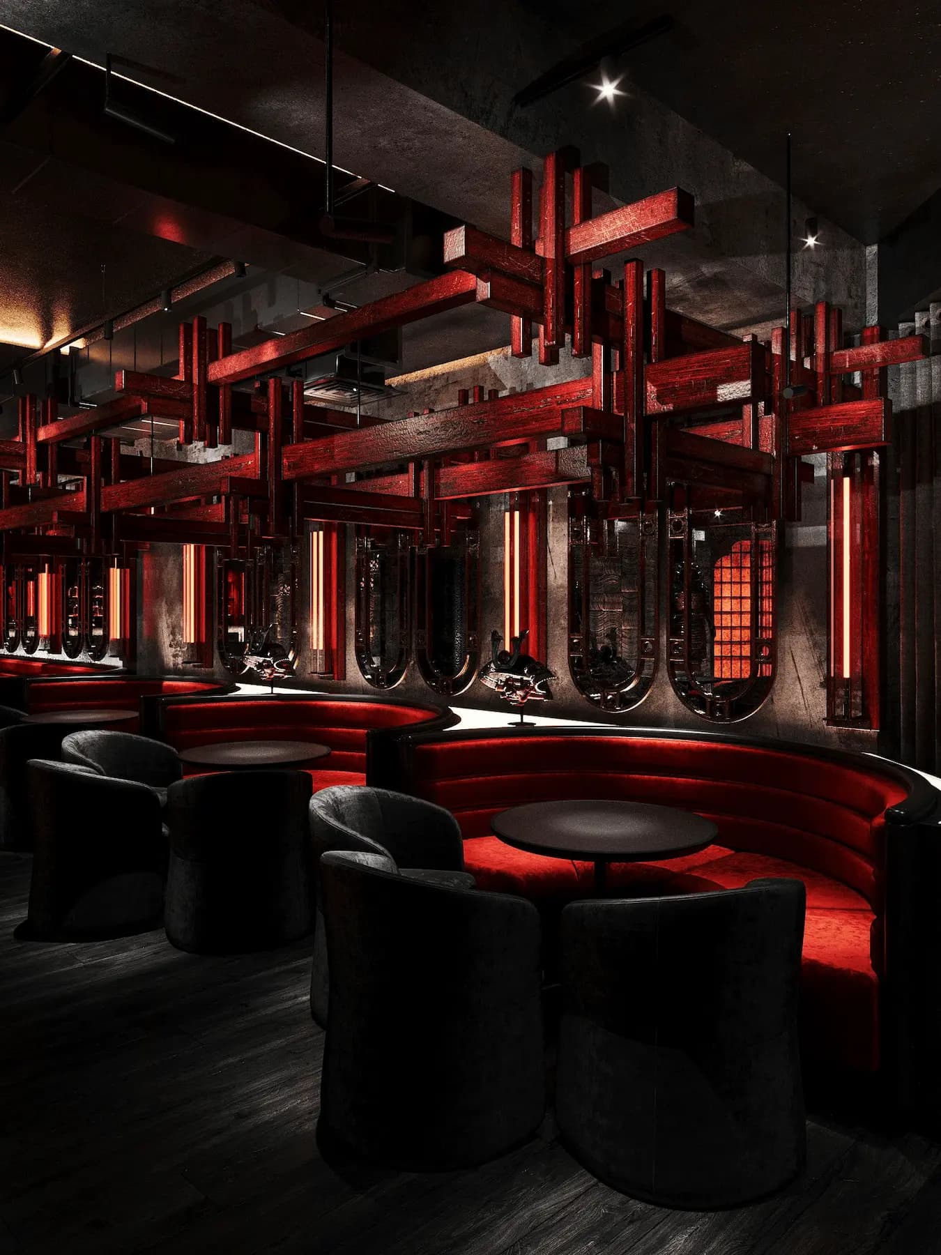 Restaurant interior with premium hookah lounge seating and custom lighting
