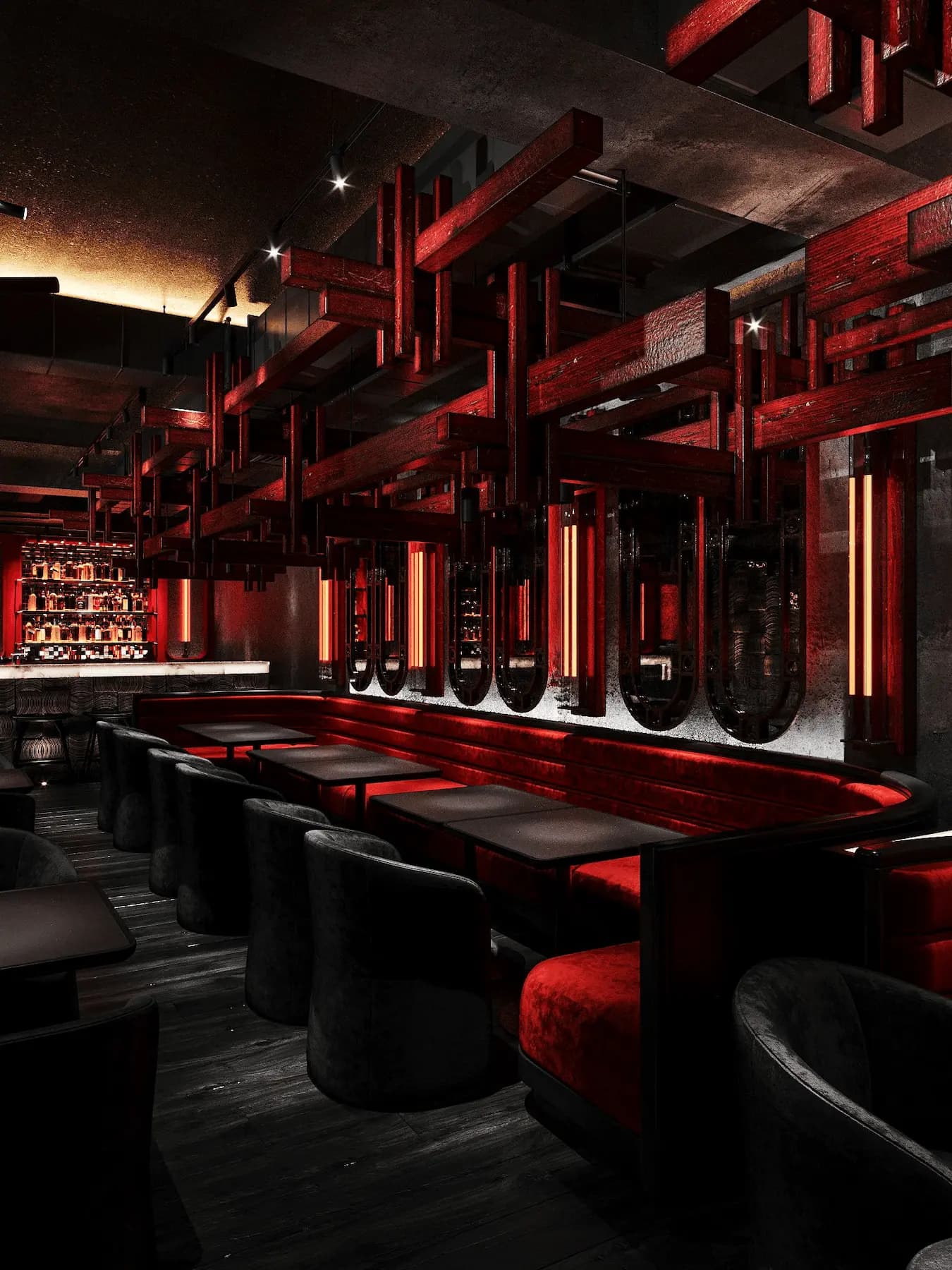 Cocktail bar and lounge interior with bespoke furniture and luxury finishes