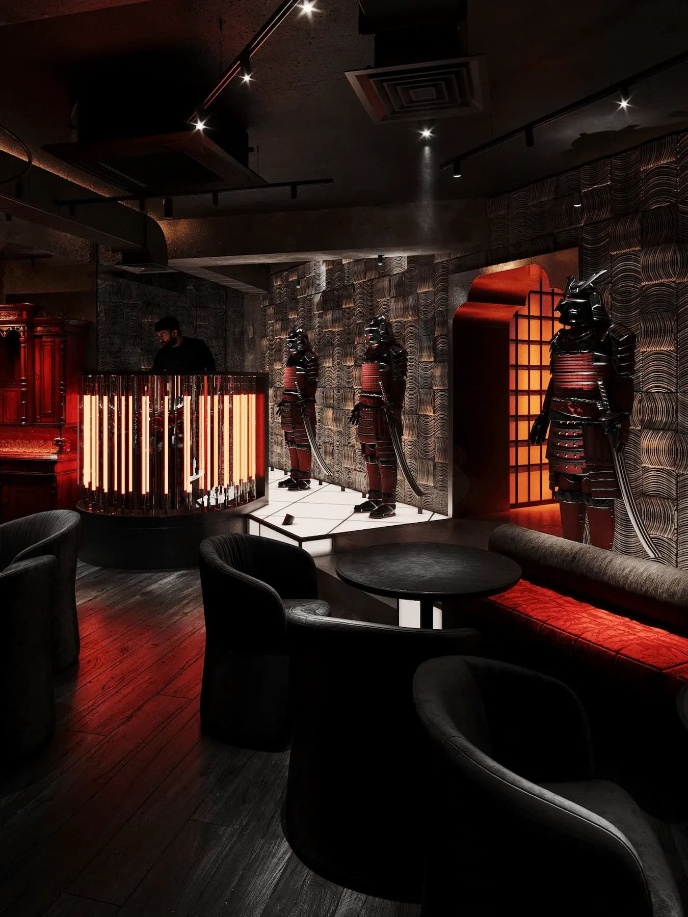 Contemporary Japanese restaurant bar with illuminated shelving and marble surfaces