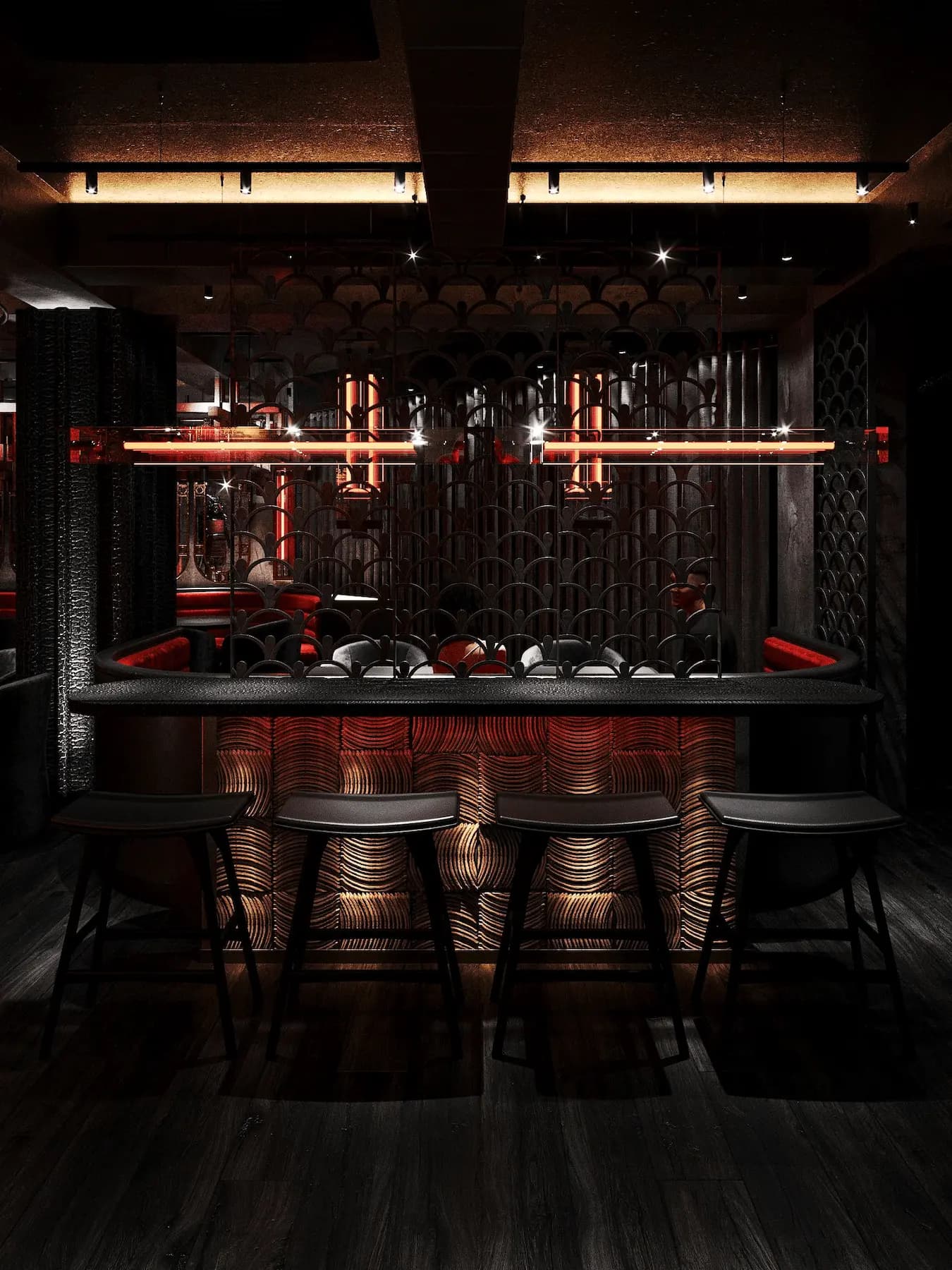 Luxury cocktail bar interior with custom bottle display and architectural lighting