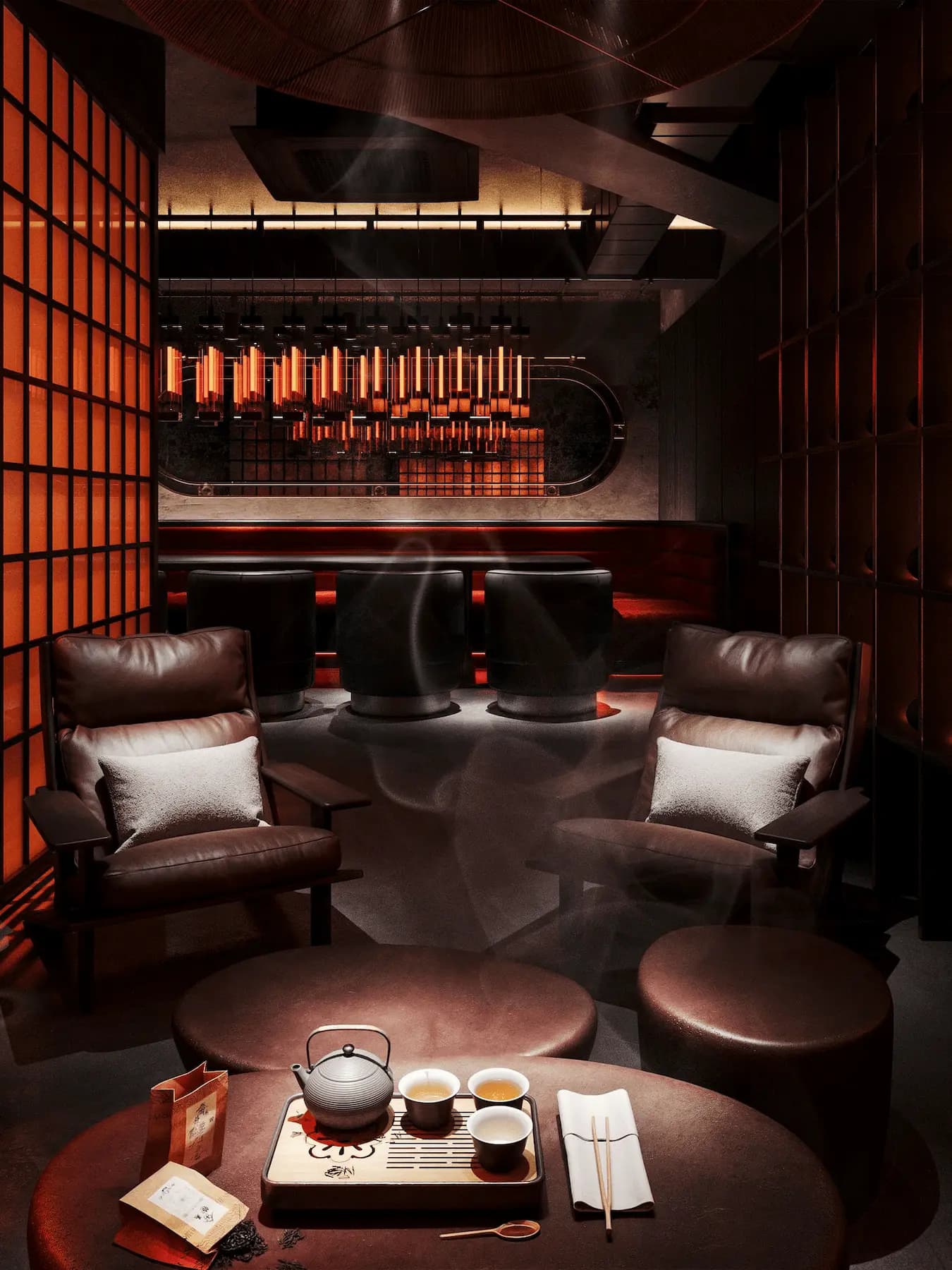 Luxury restaurant lounge with custom seating and ambient lighting
