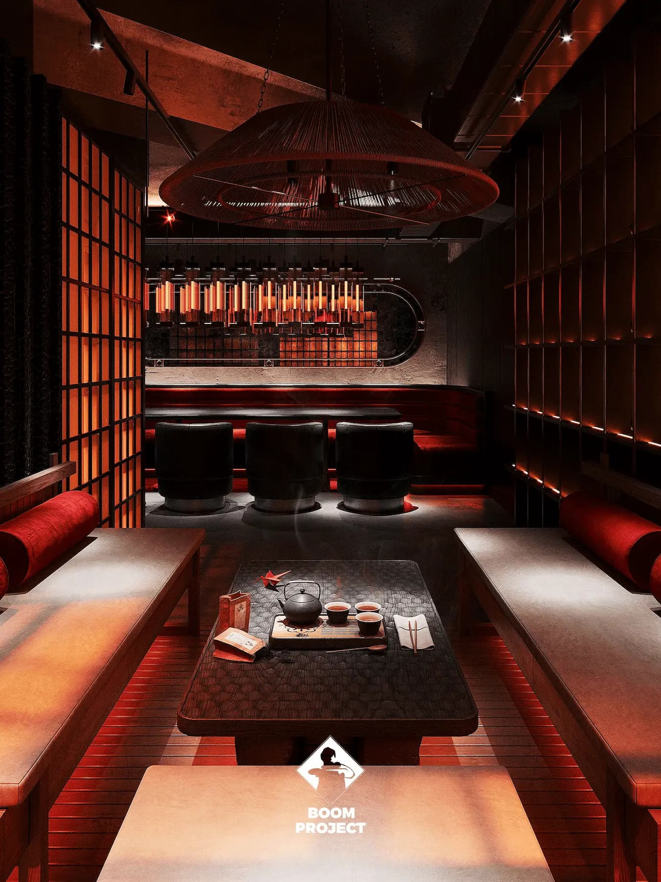 Japanese-inspired hospitality interior with illuminated feature wall