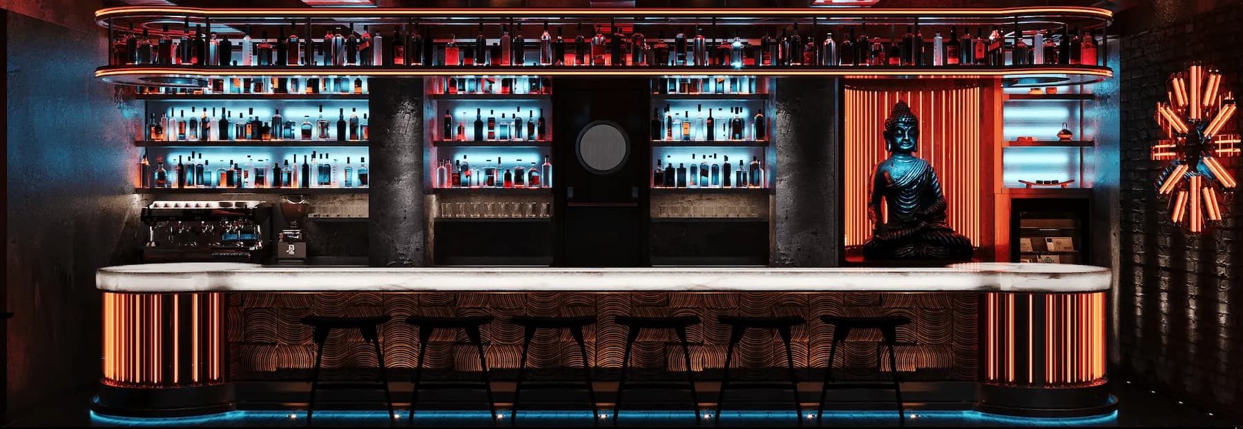 Luxury cocktail bar with marble countertop and backlit shelving