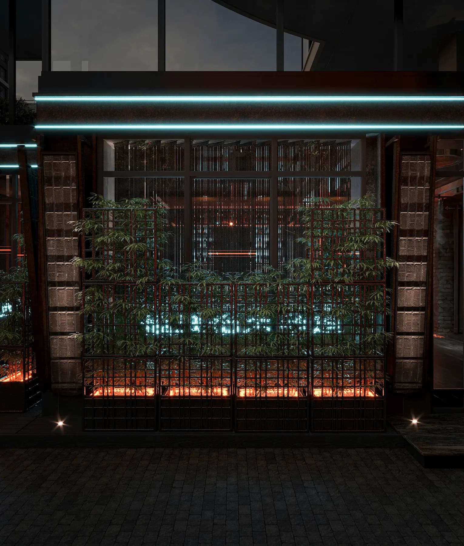 Restaurant façade with illuminated hospitality architecture