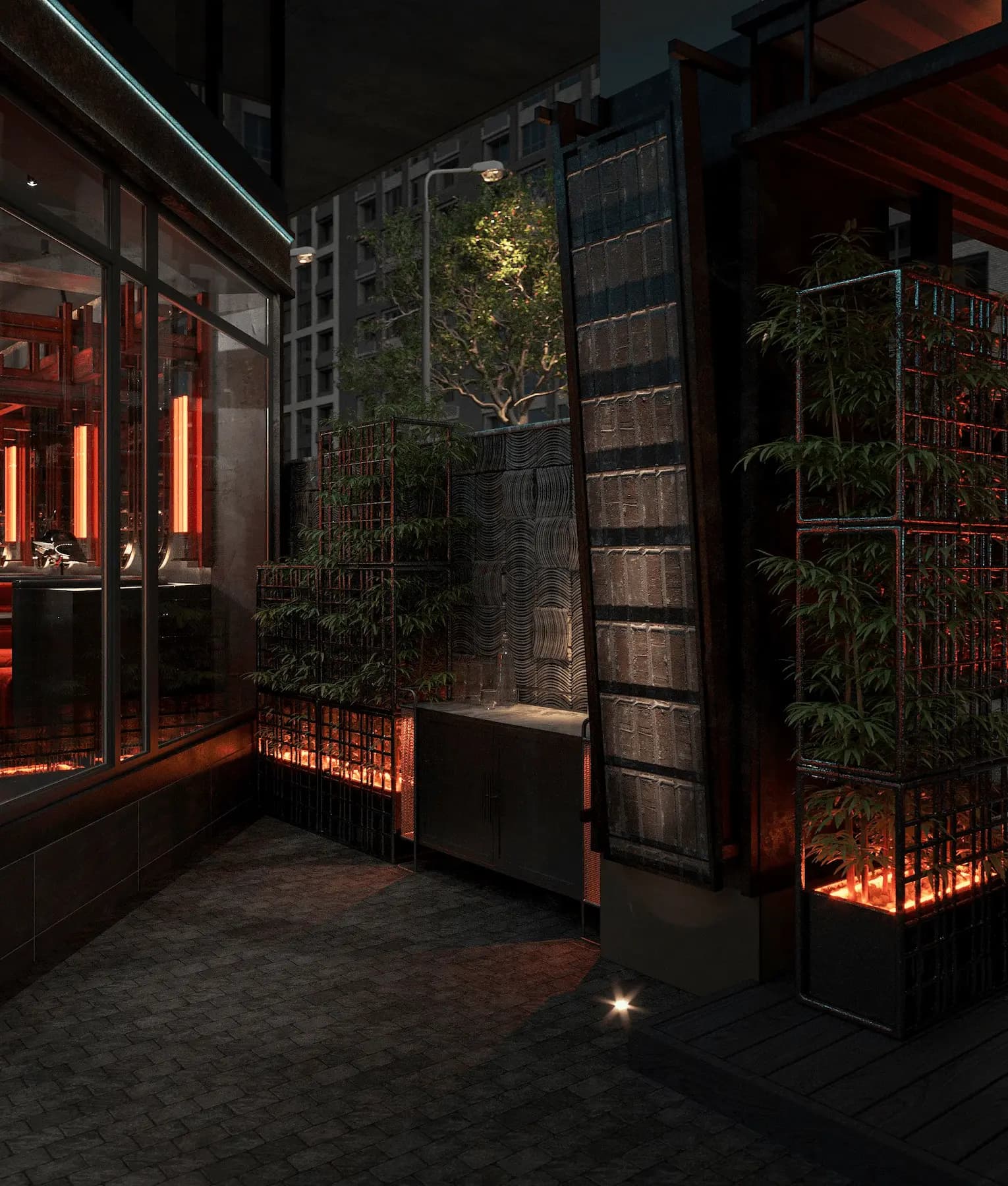 Luxury restaurant entrance with contemporary Japanese-inspired design