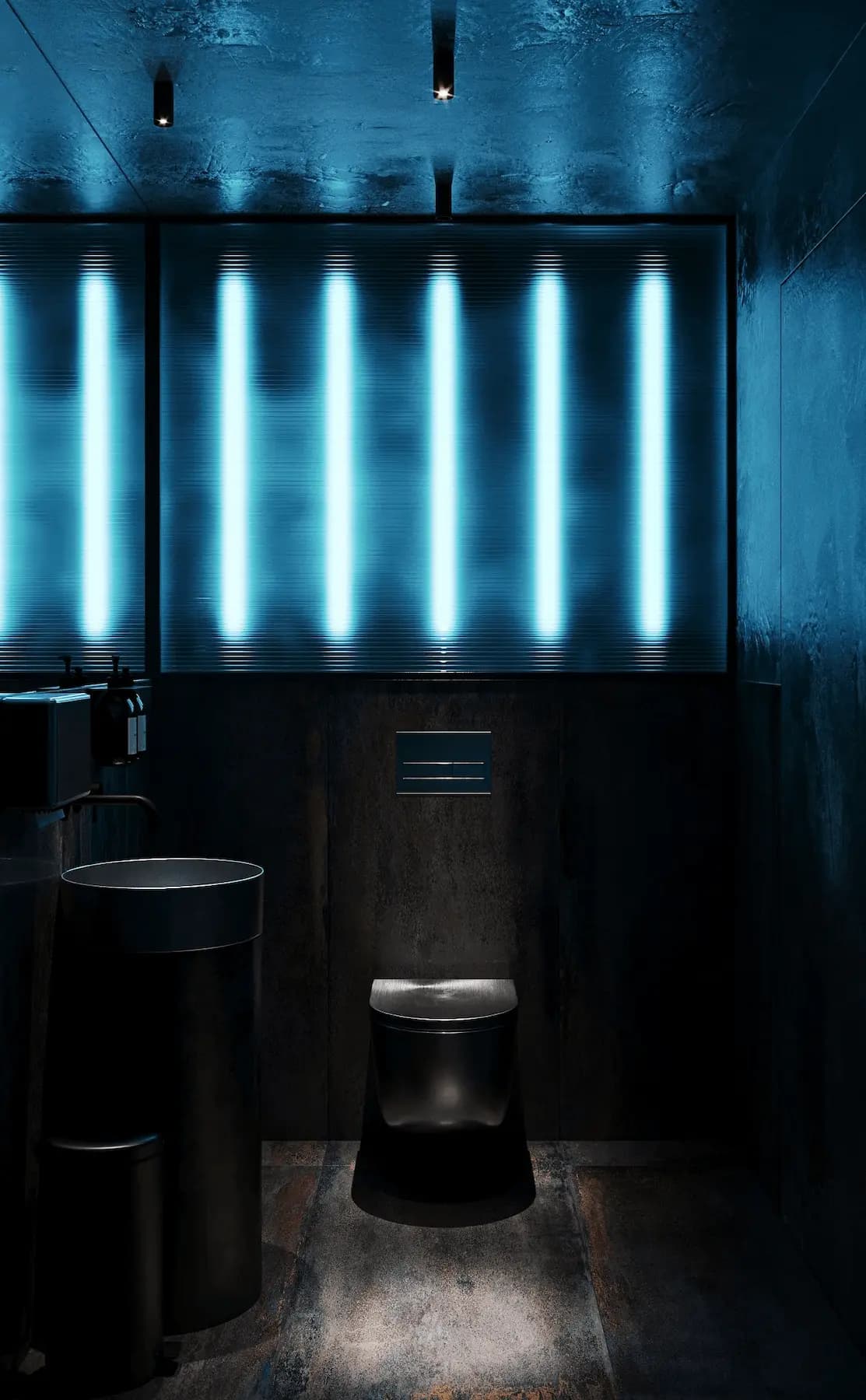 Luxury restroom interior with sculptural mirror and illuminated stone vanity