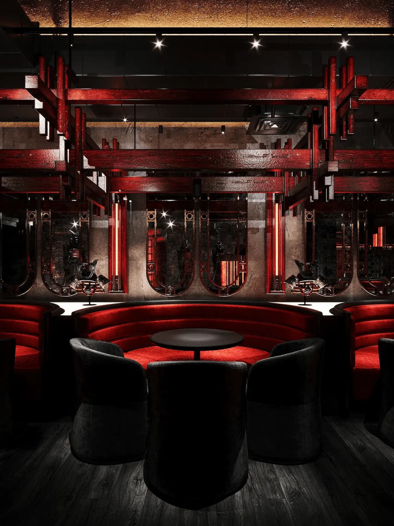 Premium Japanese restaurant lounge with custom curved seating