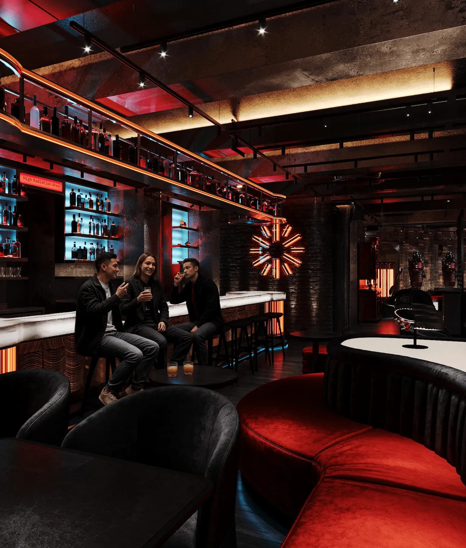 Hookah lounge interior with immersive architectural lighting