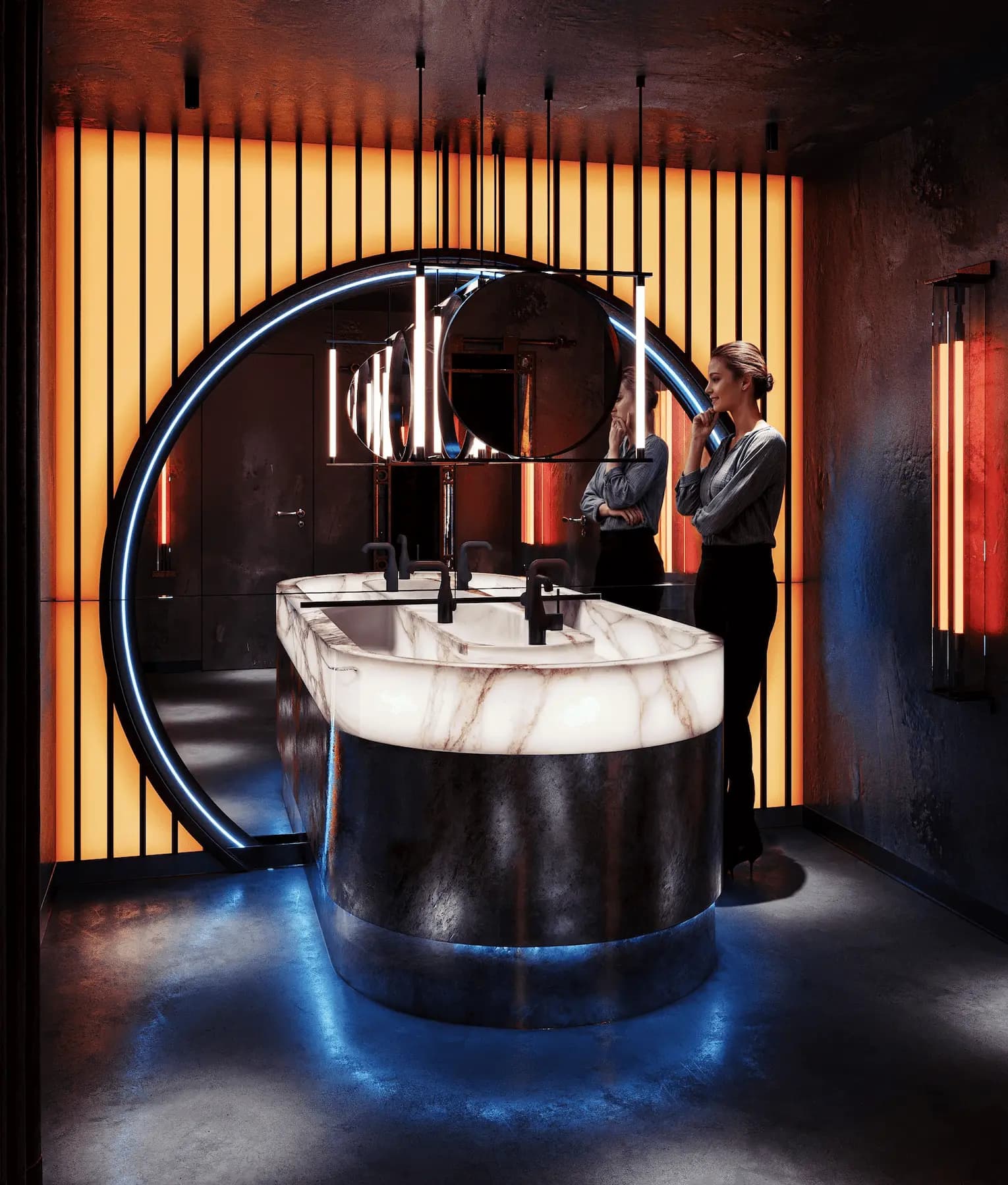 Contemporary restroom interior with backlit stone washbasin