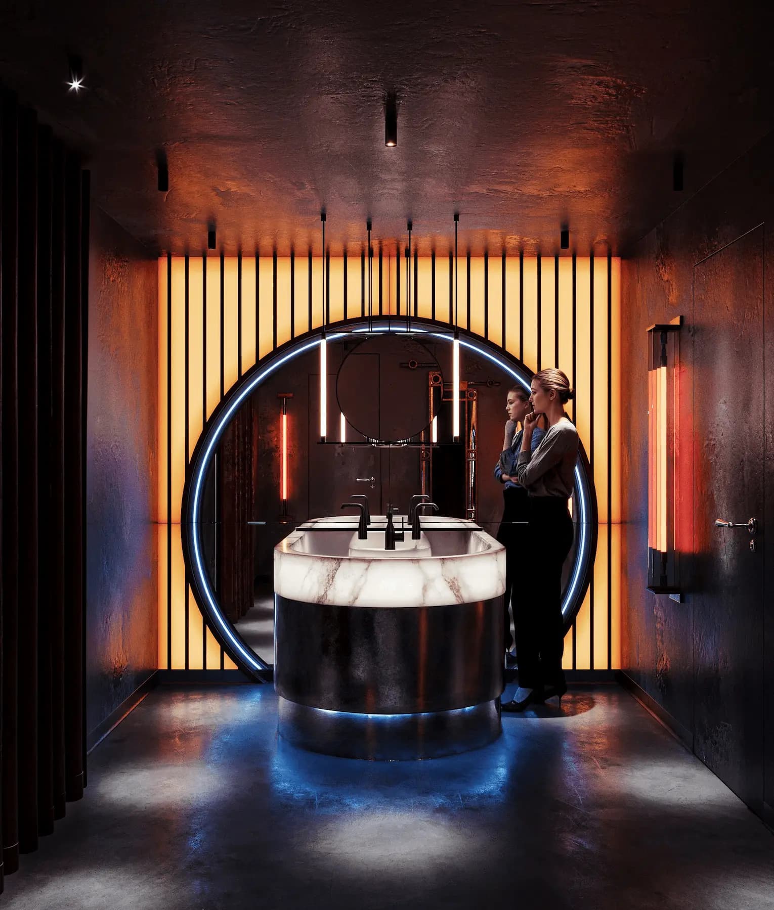 Luxury hospitality restroom with architectural lighting
