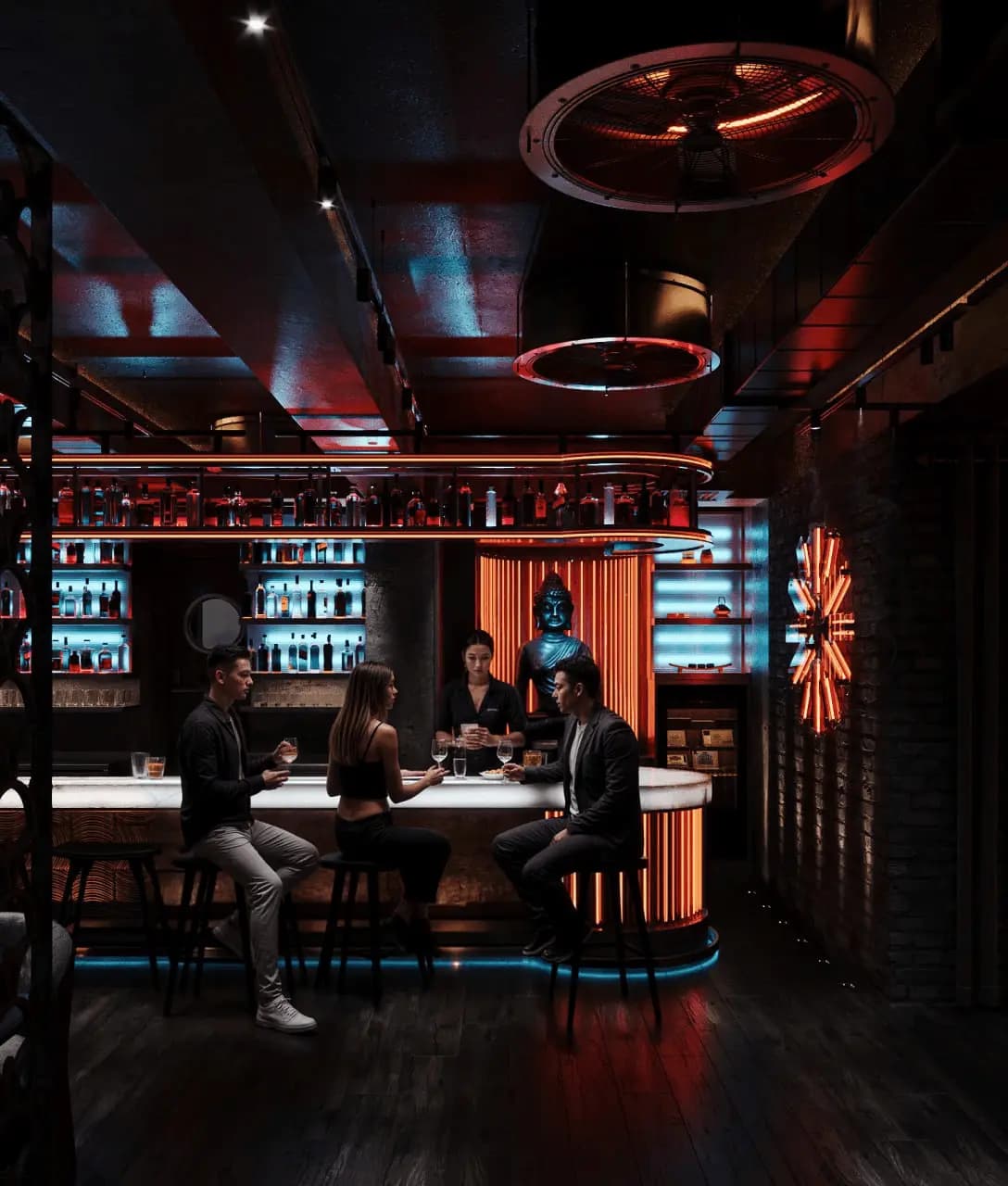 Cocktail lounge with custom bottle display wall