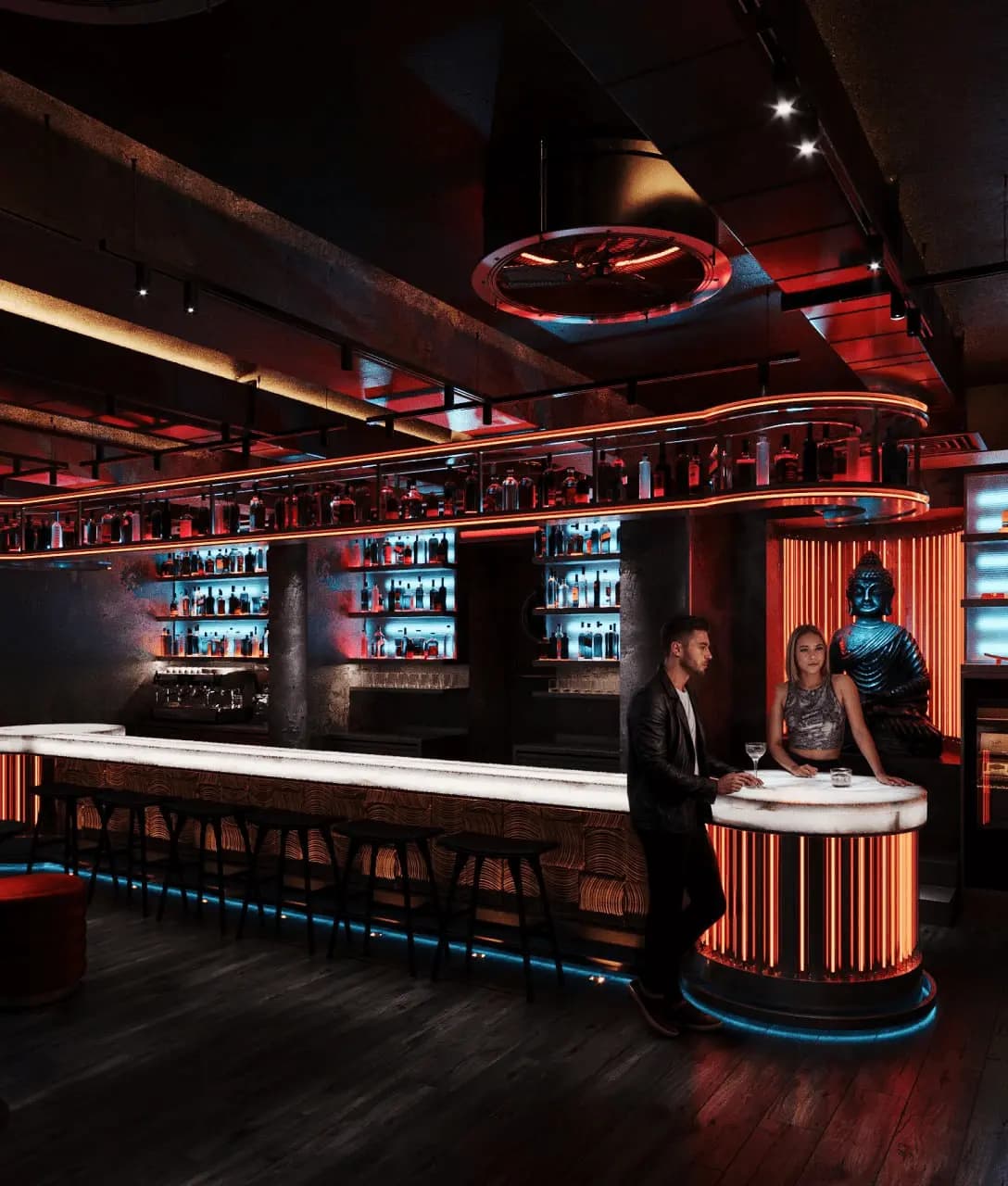 Luxury commercial interior with atmospheric lighting design