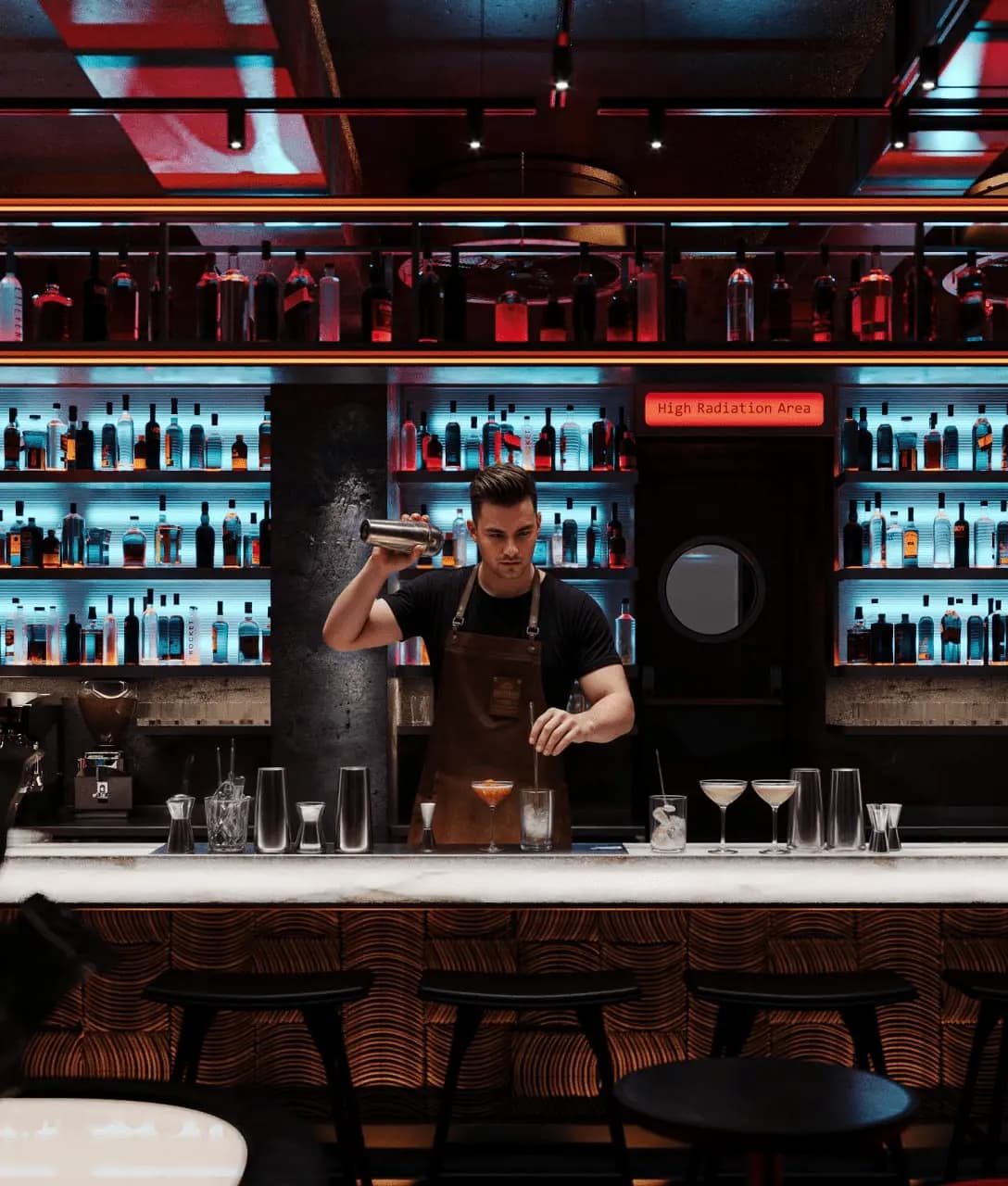 Luxury Japanese restaurant bar with custom shelving and bottle display
