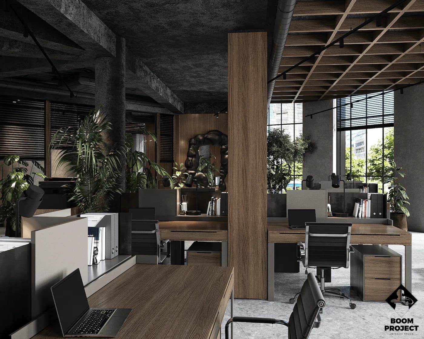 Open Keller Holz workspace with timber desks, dark structural ceiling and indoor greenery