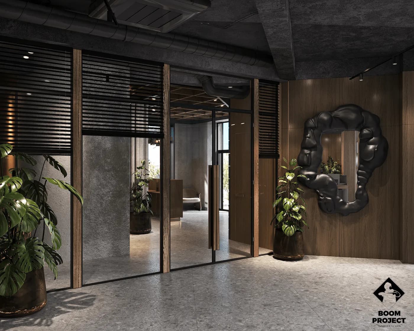 Office entrance interior with glass partitions, timber walls and textured stone flooring