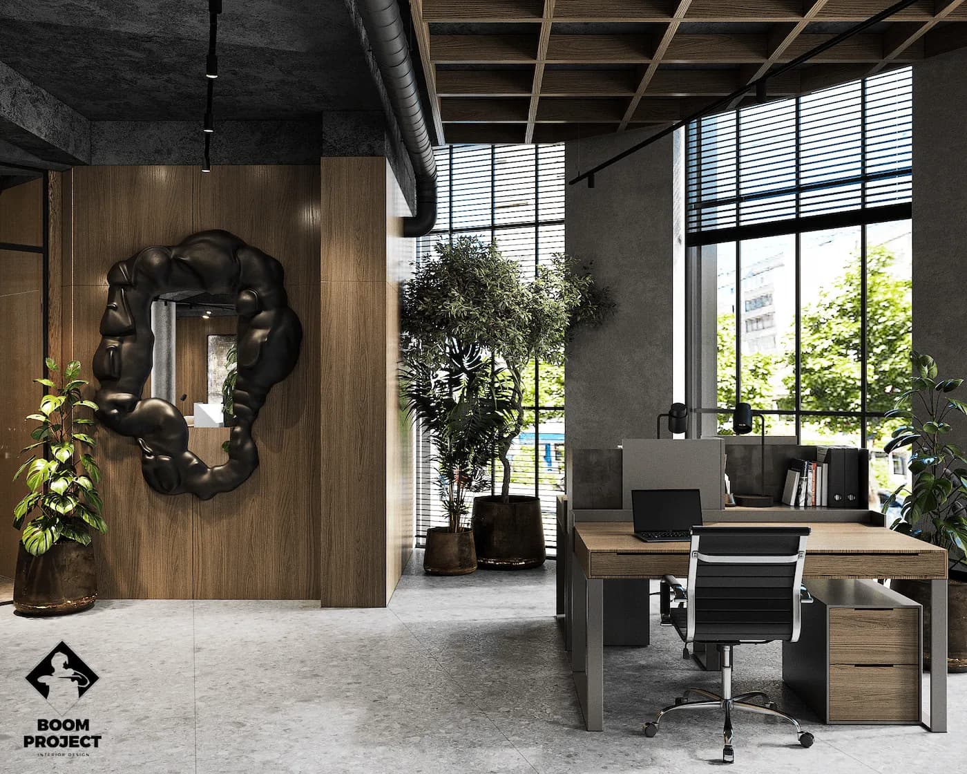 Contemporary workspace with custom timber desks, shelving and floor-to-ceiling windows