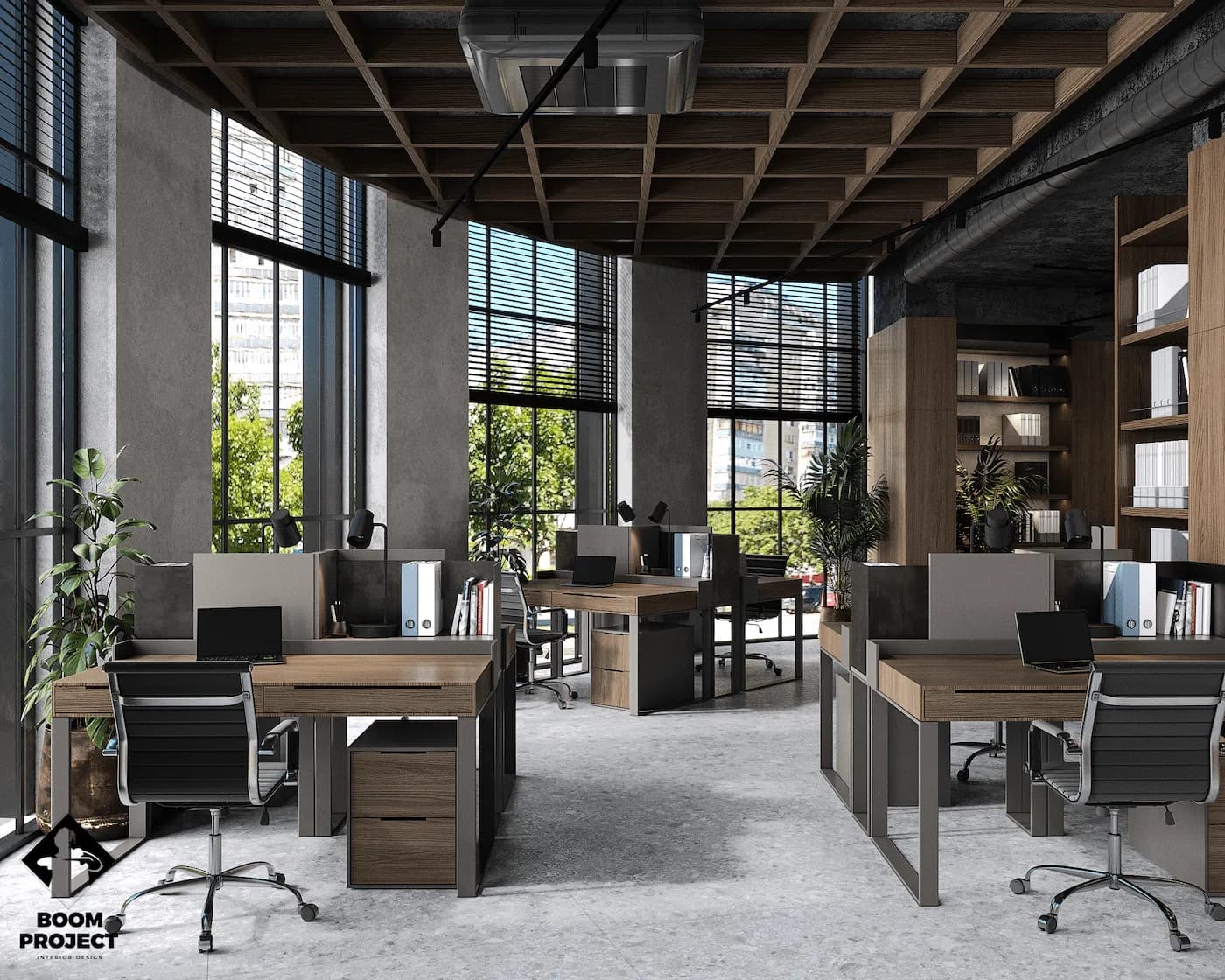 Open-plan office with natural wood furniture, concrete columns and integrated planting