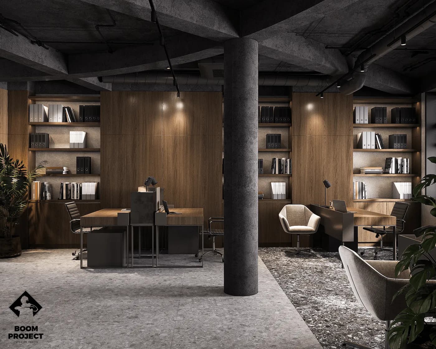 Keller Holz lounge with curved sofa, custom shelving and dark timber wall finishes