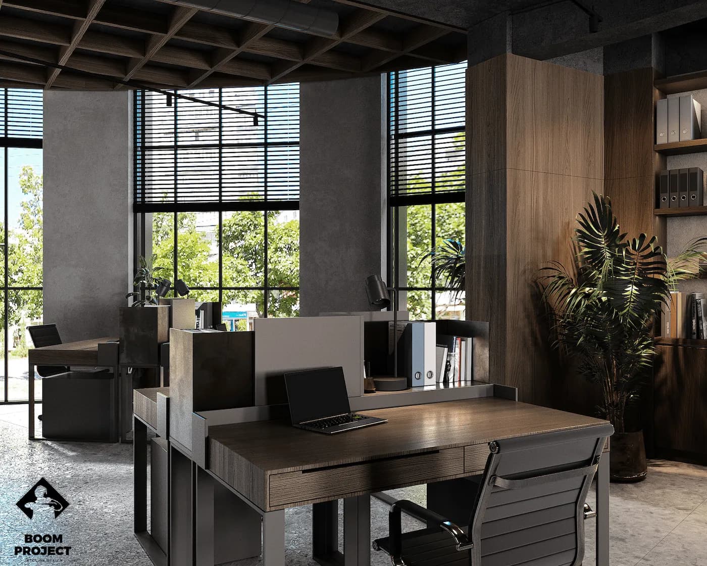 Bright office workstation area with timber desks, ergonomic seating and panoramic glazing