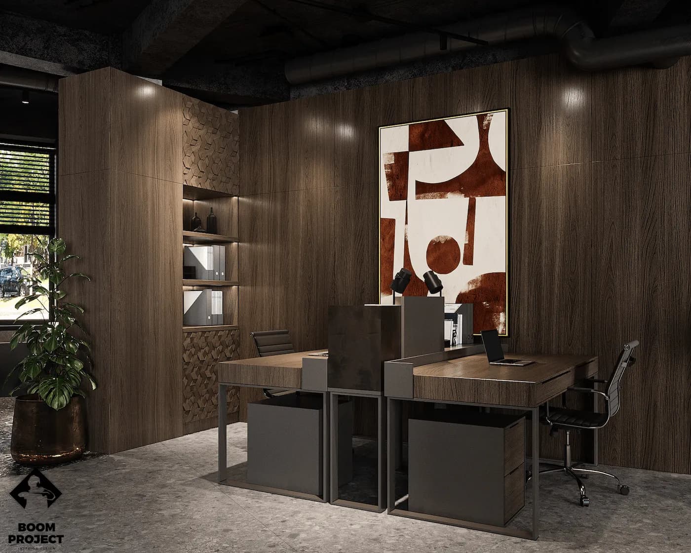 Executive workspace with custom storage, abstract artwork and layered warm lighting