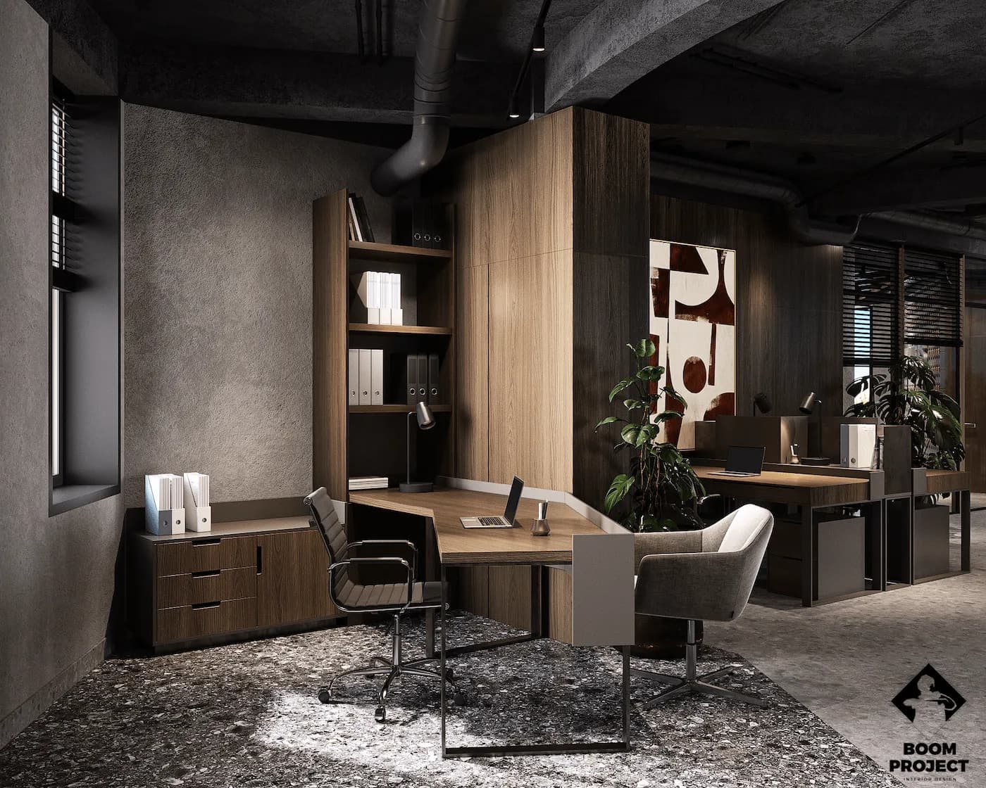 Office lounge with curved furniture, timber shelving and indoor olive tree