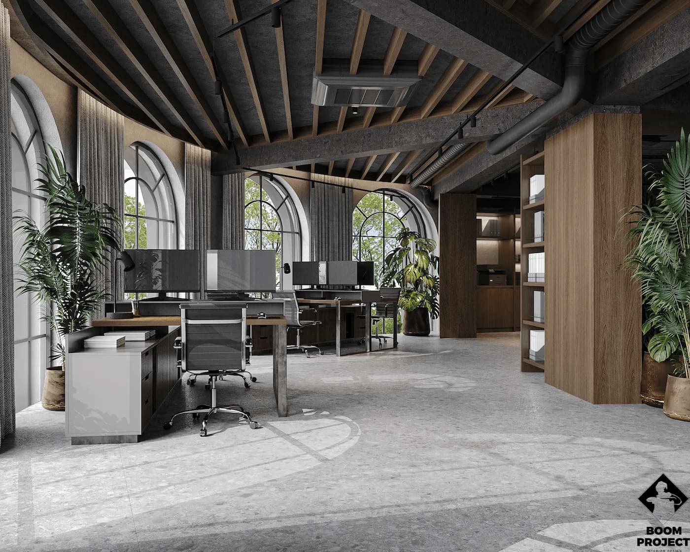 Collaborative workspace with timber desks, exposed structure and sculptural ceiling panels