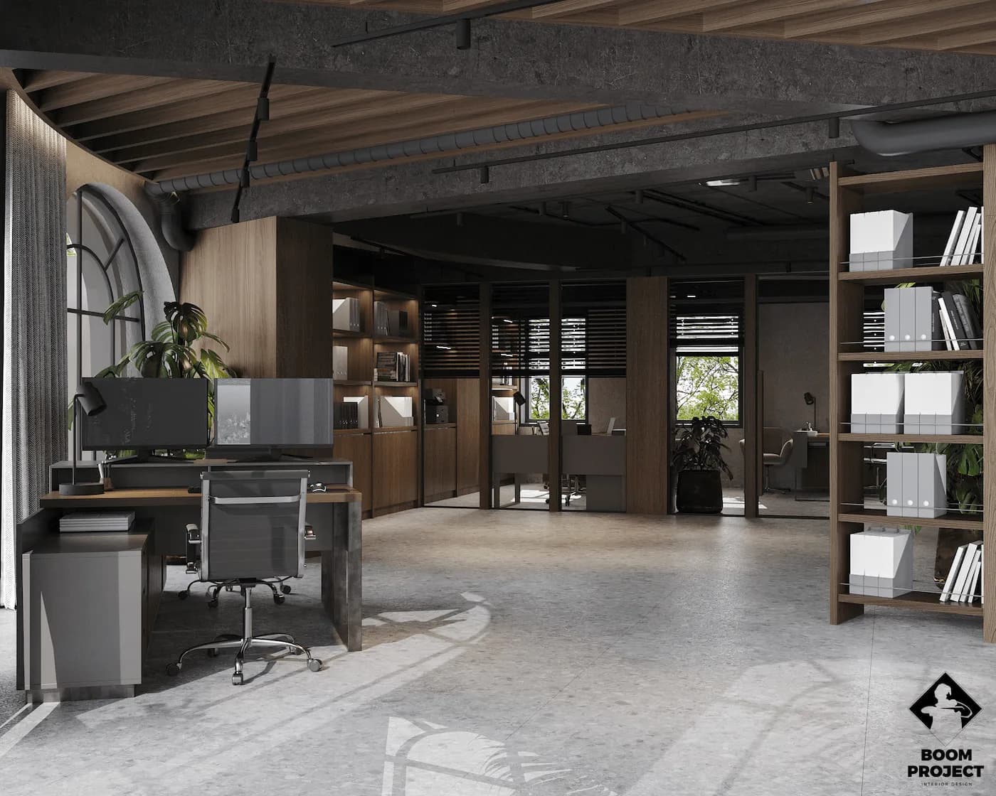 Open office interior with custom workstations, dark ceiling and natural material palette