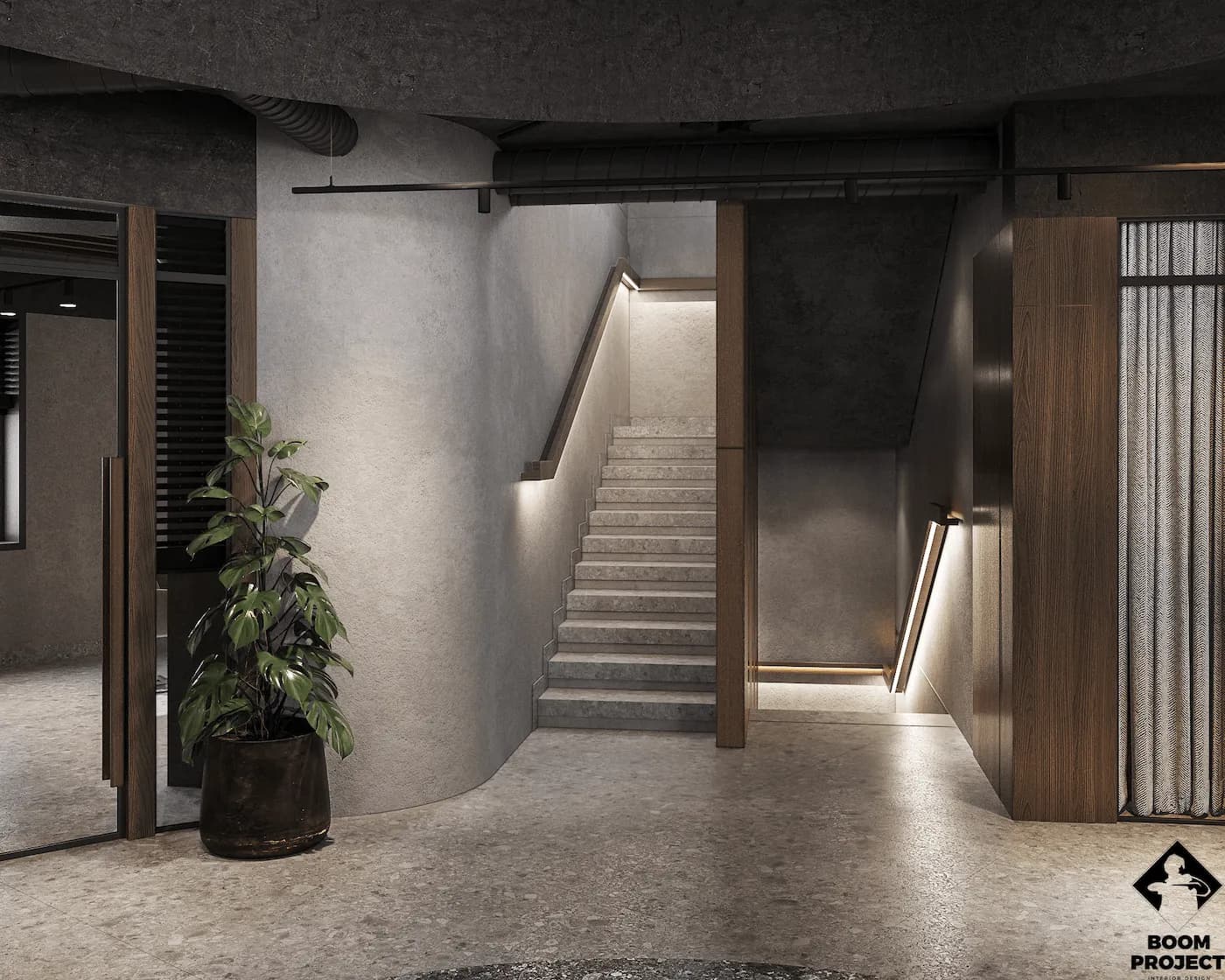 Keller Holz staircase with textured walls, integrated handrail lighting and minimalist detailing