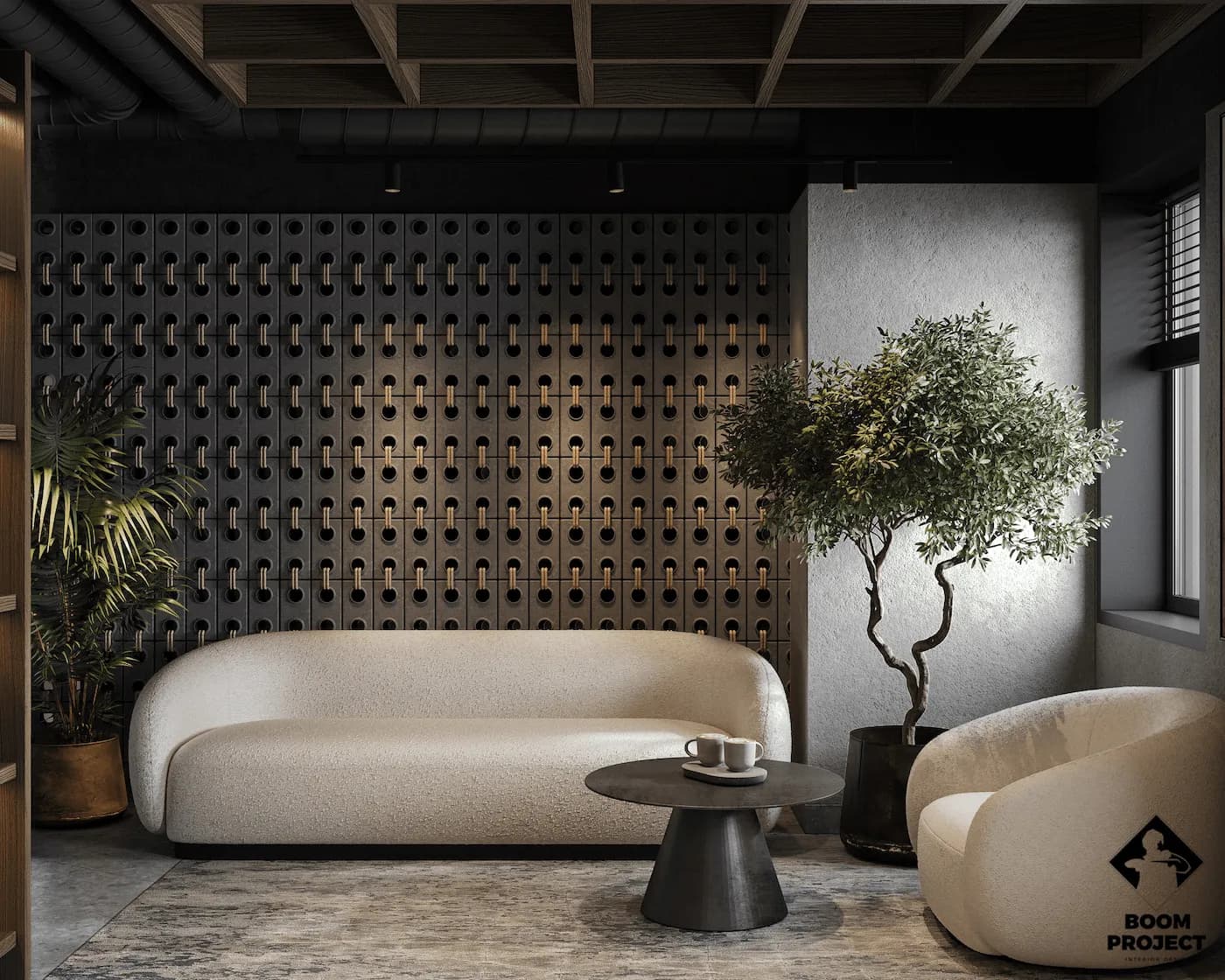 Waiting lounge with curved sofa, patterned screen and indoor tree