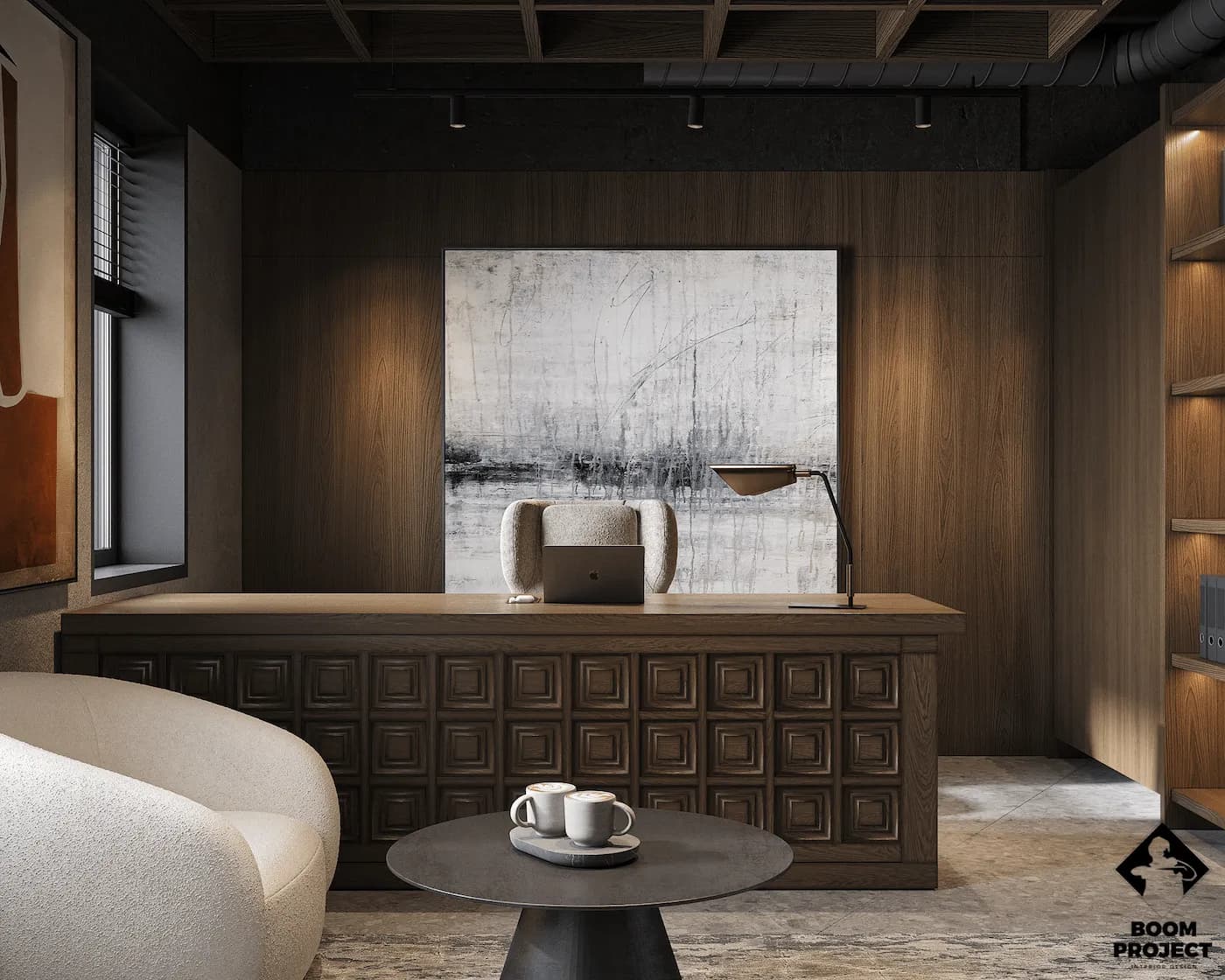 Private office with custom timber cabinetry, large artwork and textured stone flooring