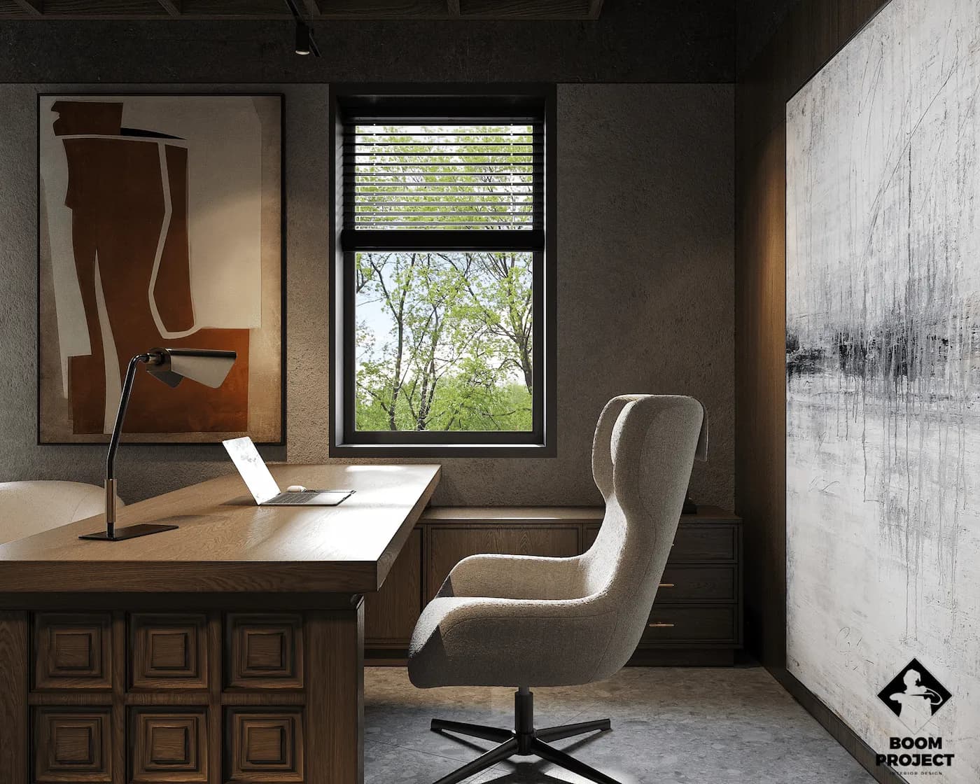 Executive lounge with sculptural armchairs, timber shelving and panoramic window