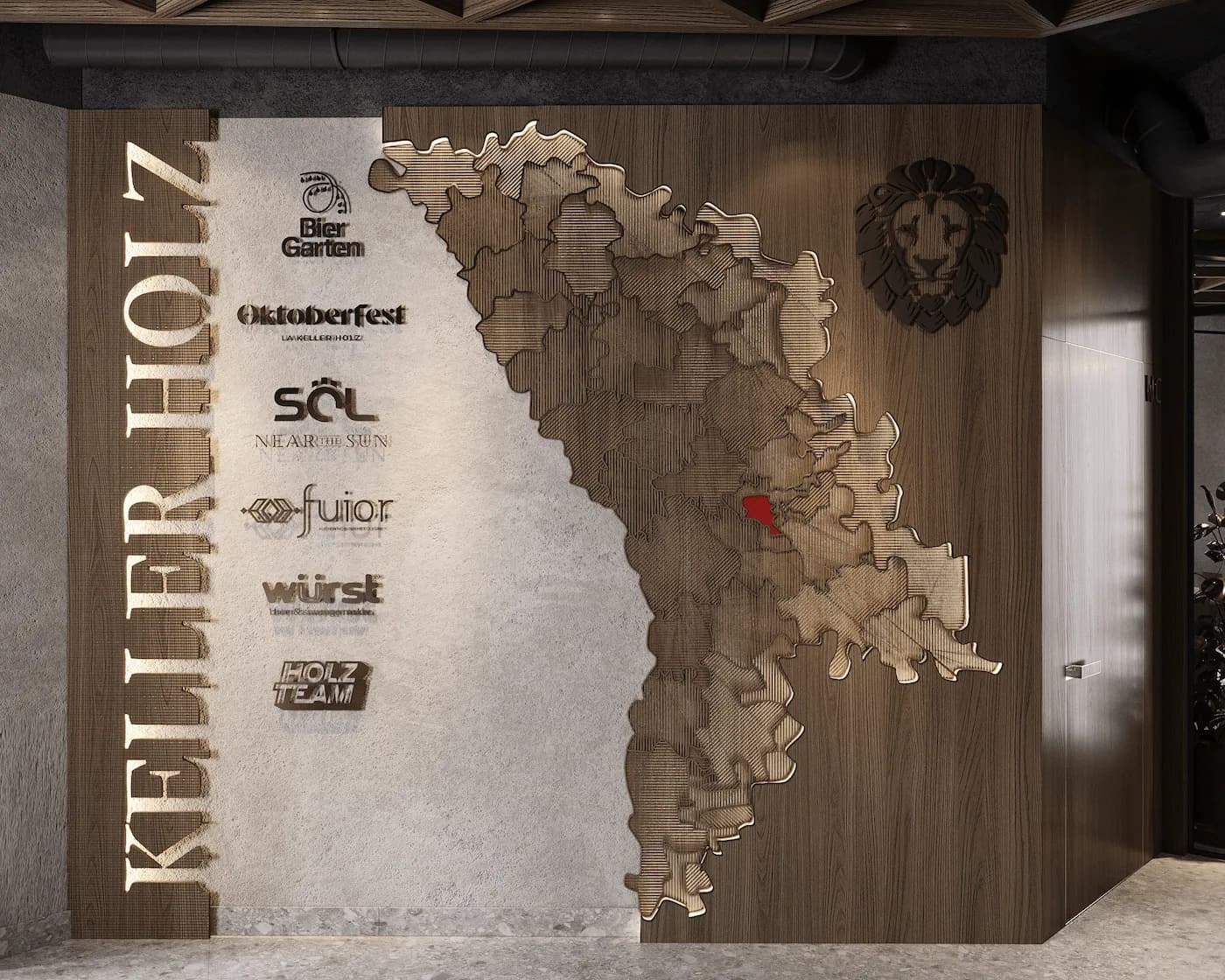 Keller Holz material display wall with timber samples and textured plaster artwork