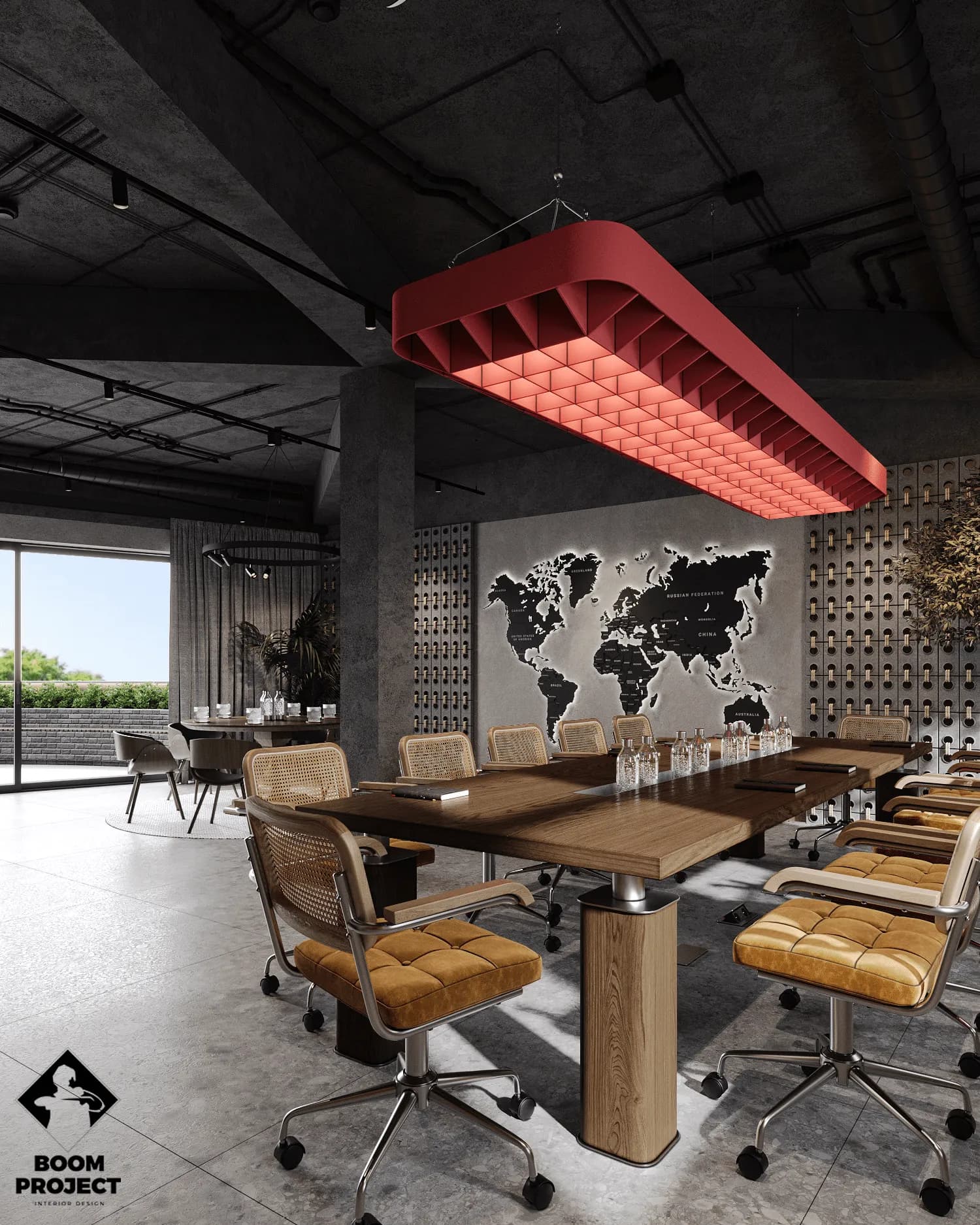 Meeting area with long timber table, red suspended ceiling feature and abstract artwork
