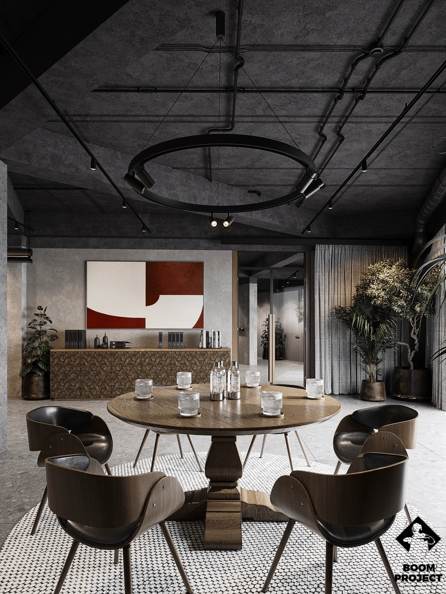 Executive meeting room with sculptural ceiling artwork, timber cabinetry and refined table setting