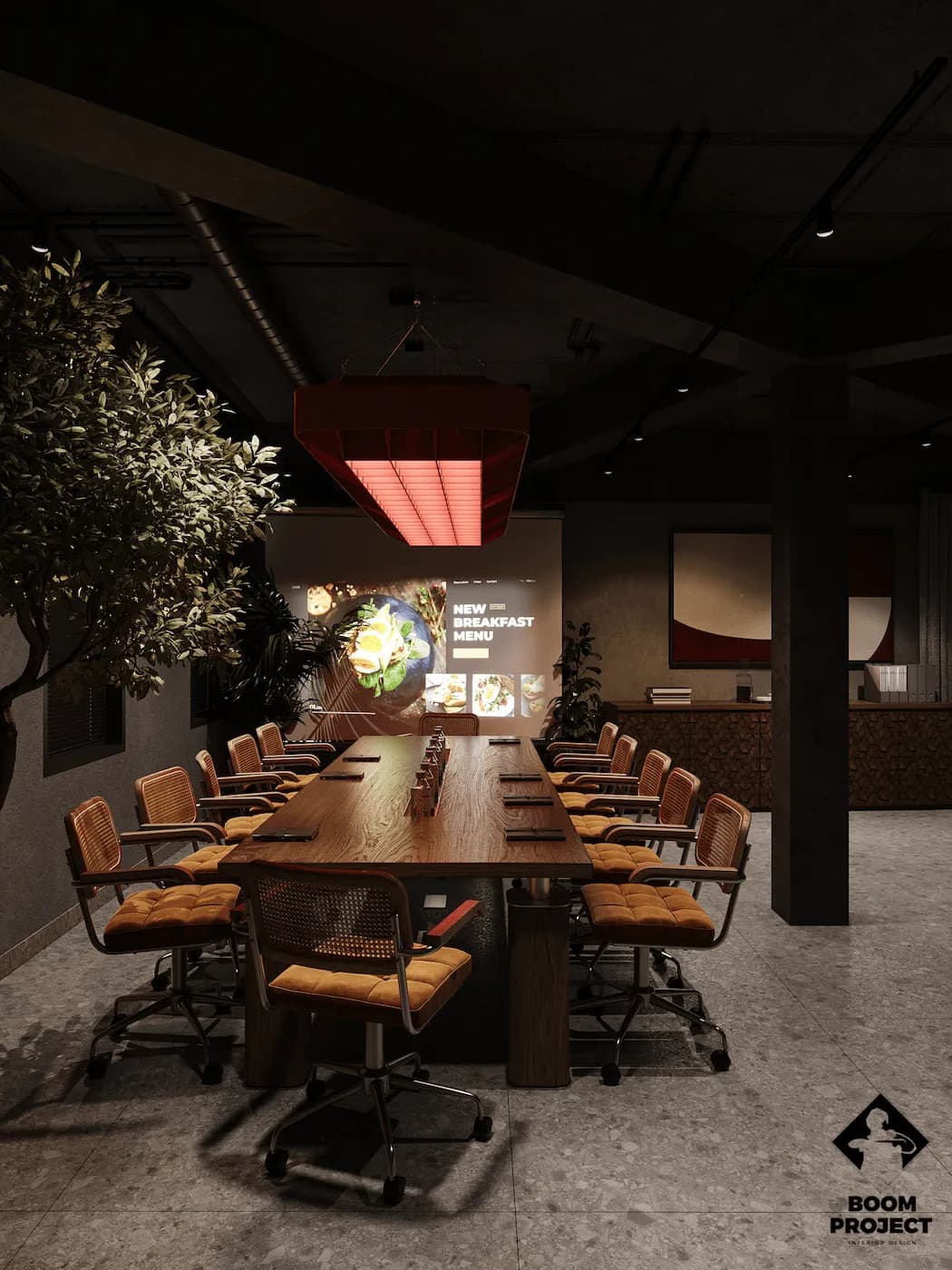 Keller Holz conference room with communal table, warm lighting and dark architectural finishes