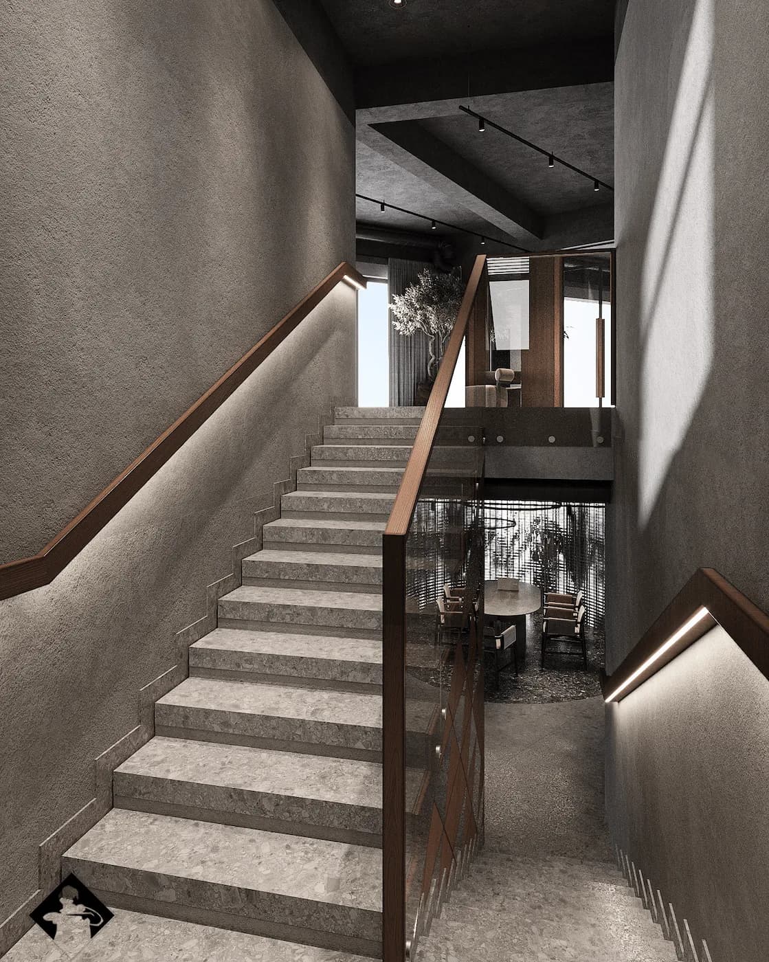 Minimalist staircase with textured walls, stone steps and integrated linear lighting