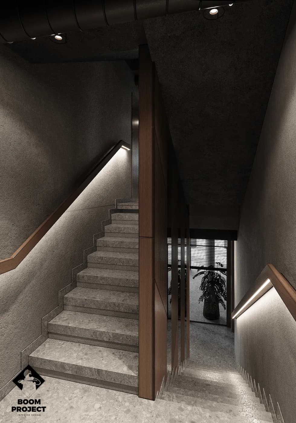 Keller Holz stairwell with timber handrail, soft wall lighting and dark metal details